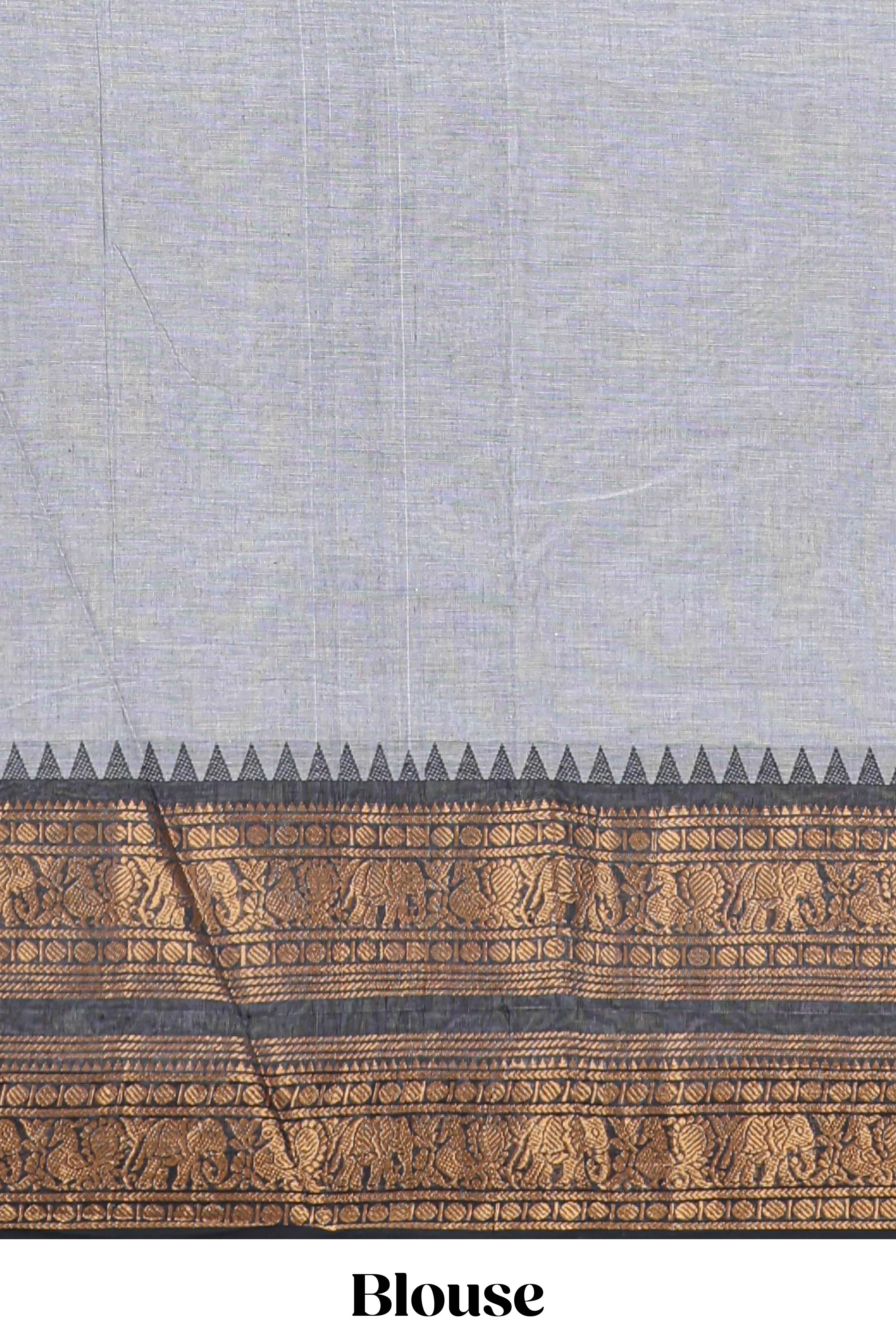 Grey plain chettinad cotton saree with contrast zari bentex border and matching blouse