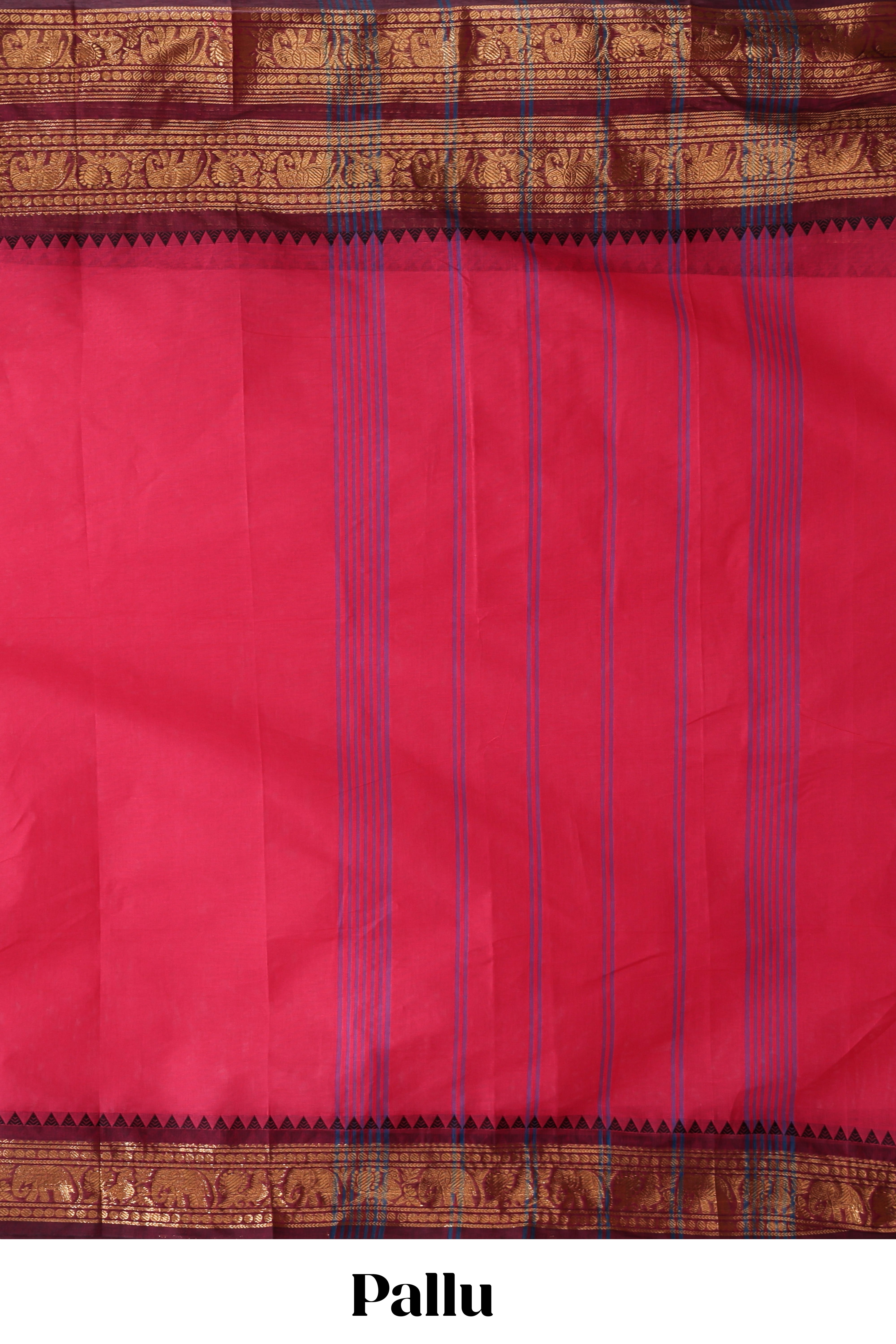 Pink plain chettinad cotton saree with contrast bentex zari border and matching blouse