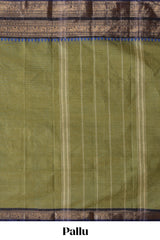 Olive green plain chettinad cotton saree with contrast bentex zari border and matching blouse