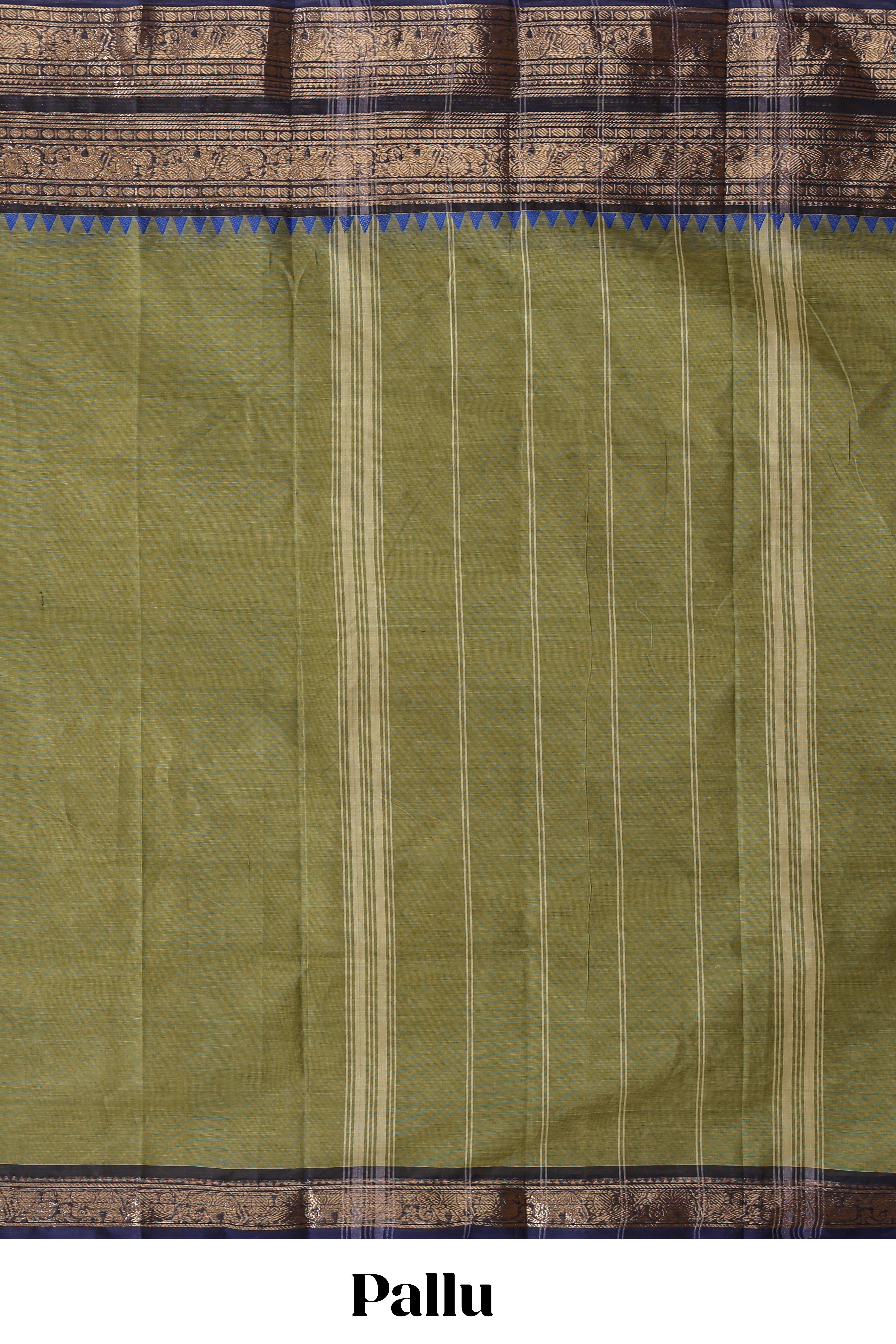 Olive green plain chettinad cotton saree with contrast bentex zari border and matching blouse