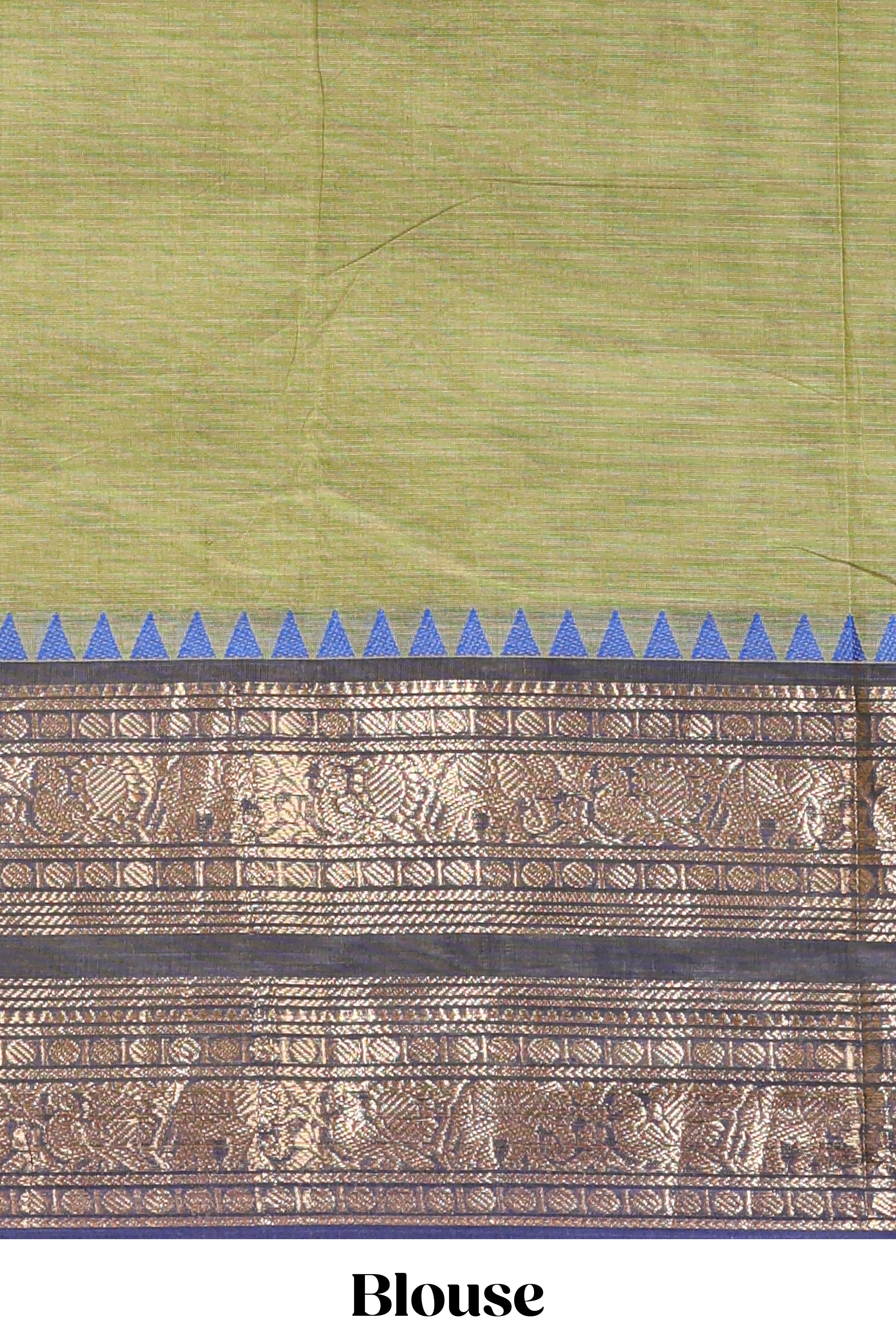 Olive green plain chettinad cotton saree with contrast bentex zari border and matching blouse