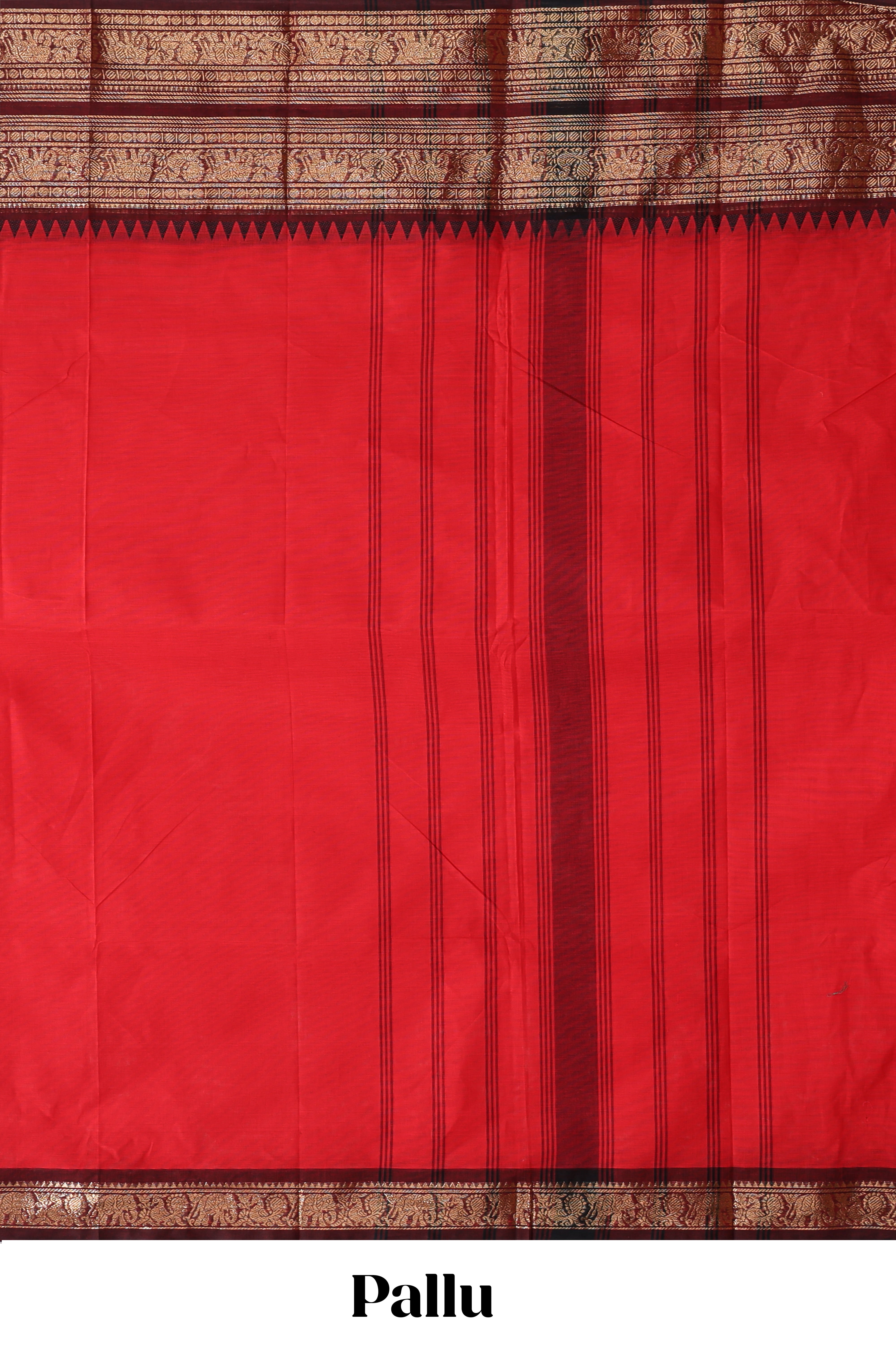 Red plain chettinad cotton saree with contrast zari border and matching blouse