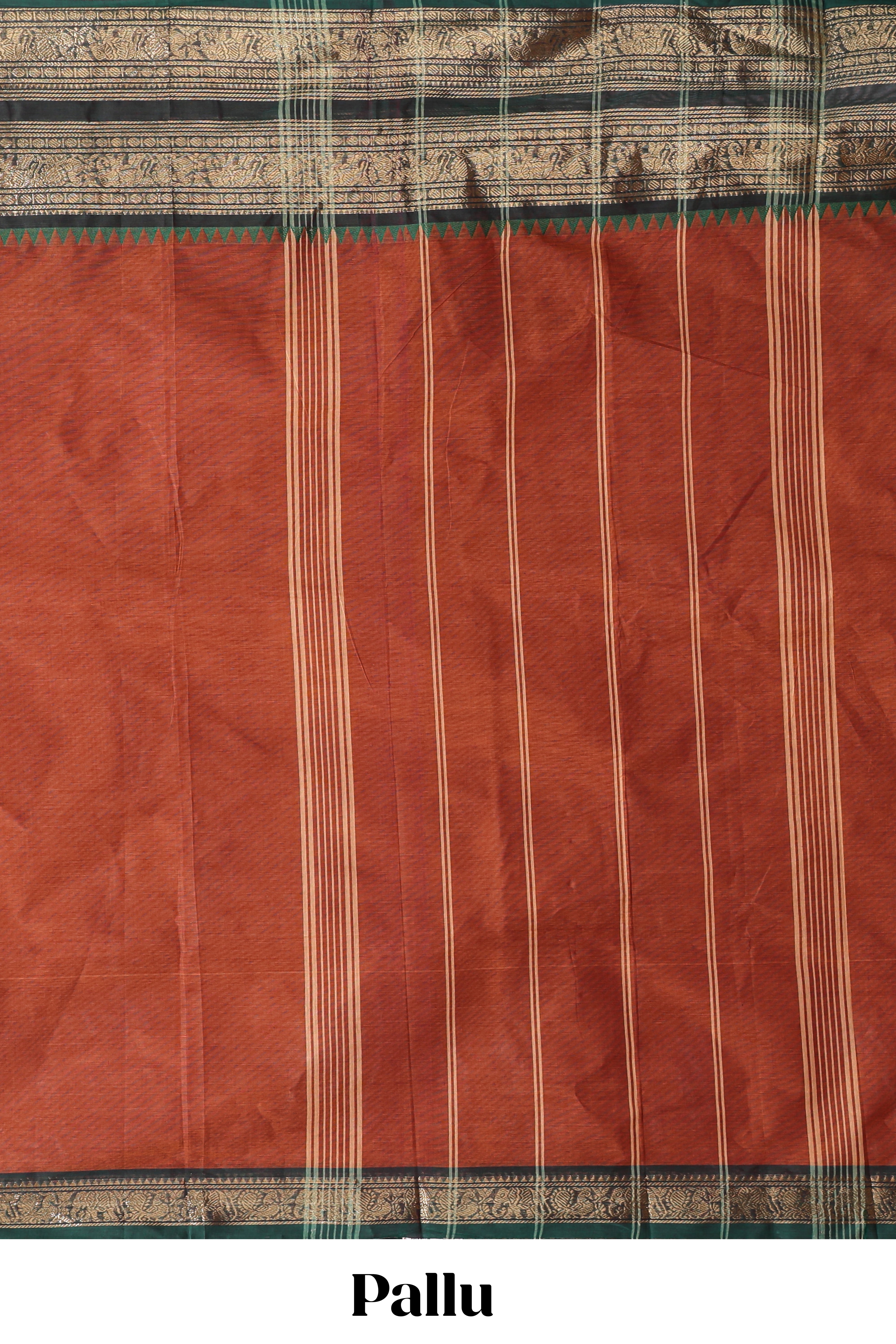 Rust red plain chettinad cotton saree with contrast bentex zari border and matching blouse