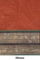Rust red plain chettinad cotton saree with contrast bentex zari border and matching blouse