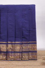 Royal blue plain chettinad cotton saree with self bentex zari border and matching blouse