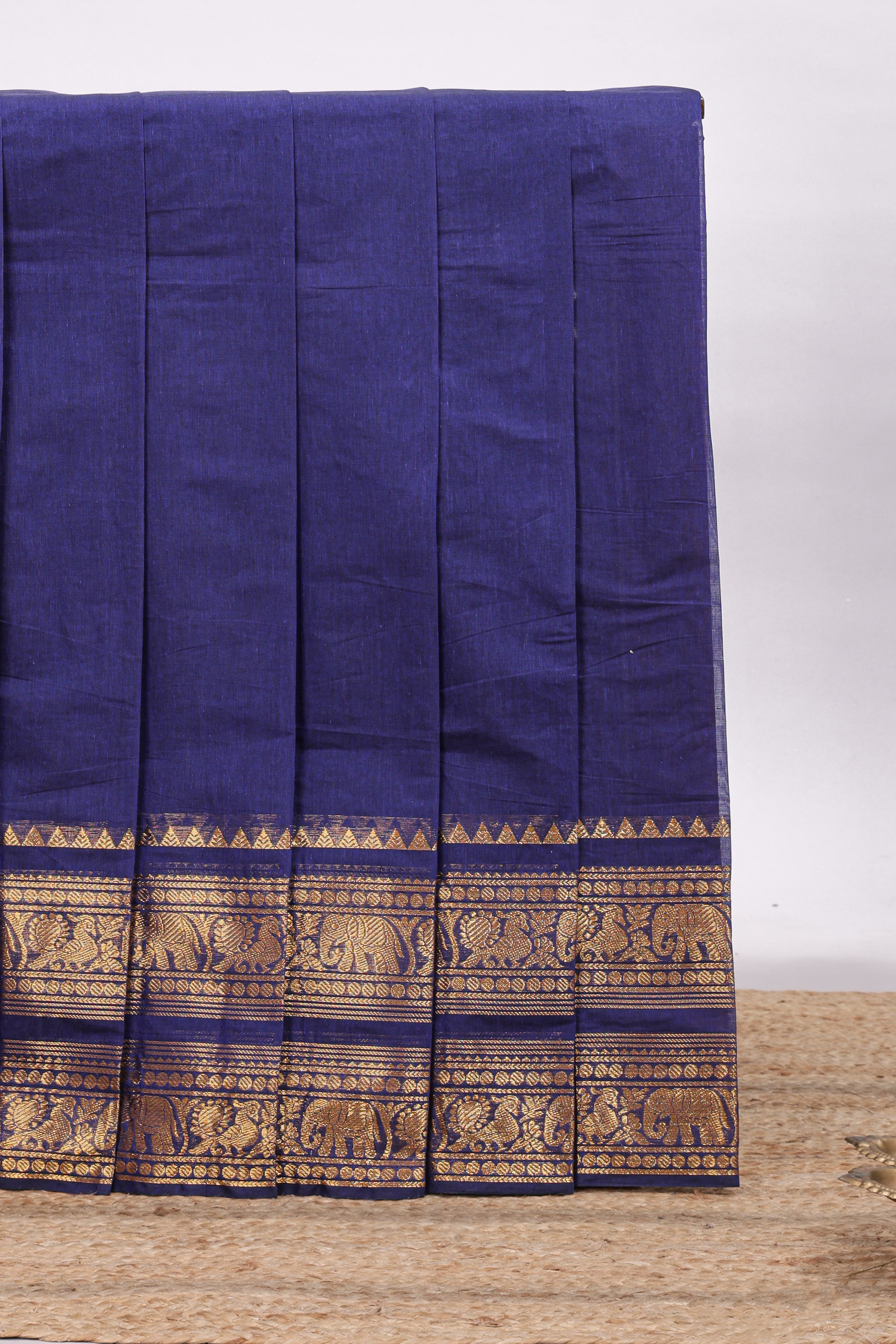 Royal blue plain chettinad cotton saree with self bentex zari border and matching blouse