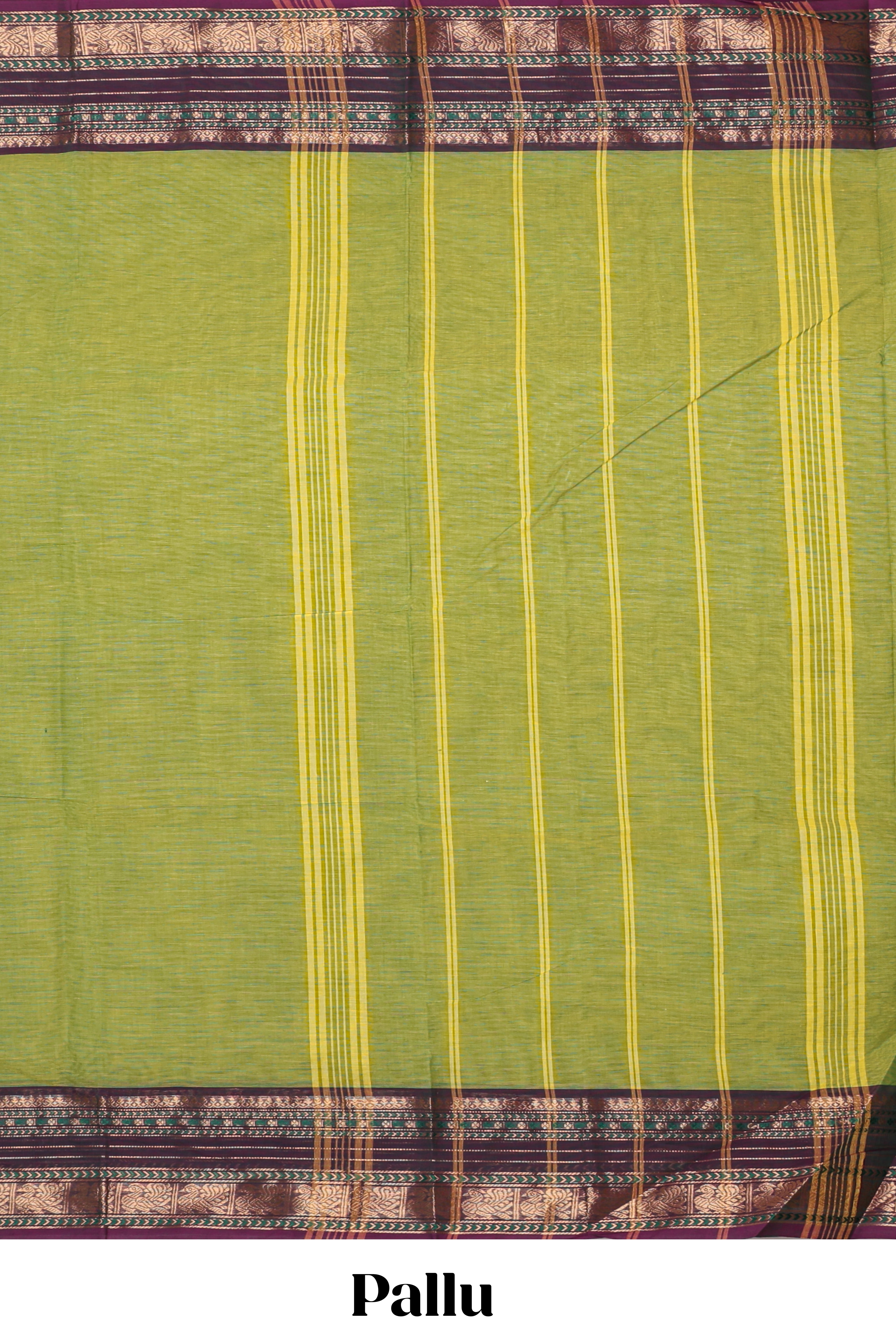 Green plain chettinad cotton saree with contrast zari border and matching blouse