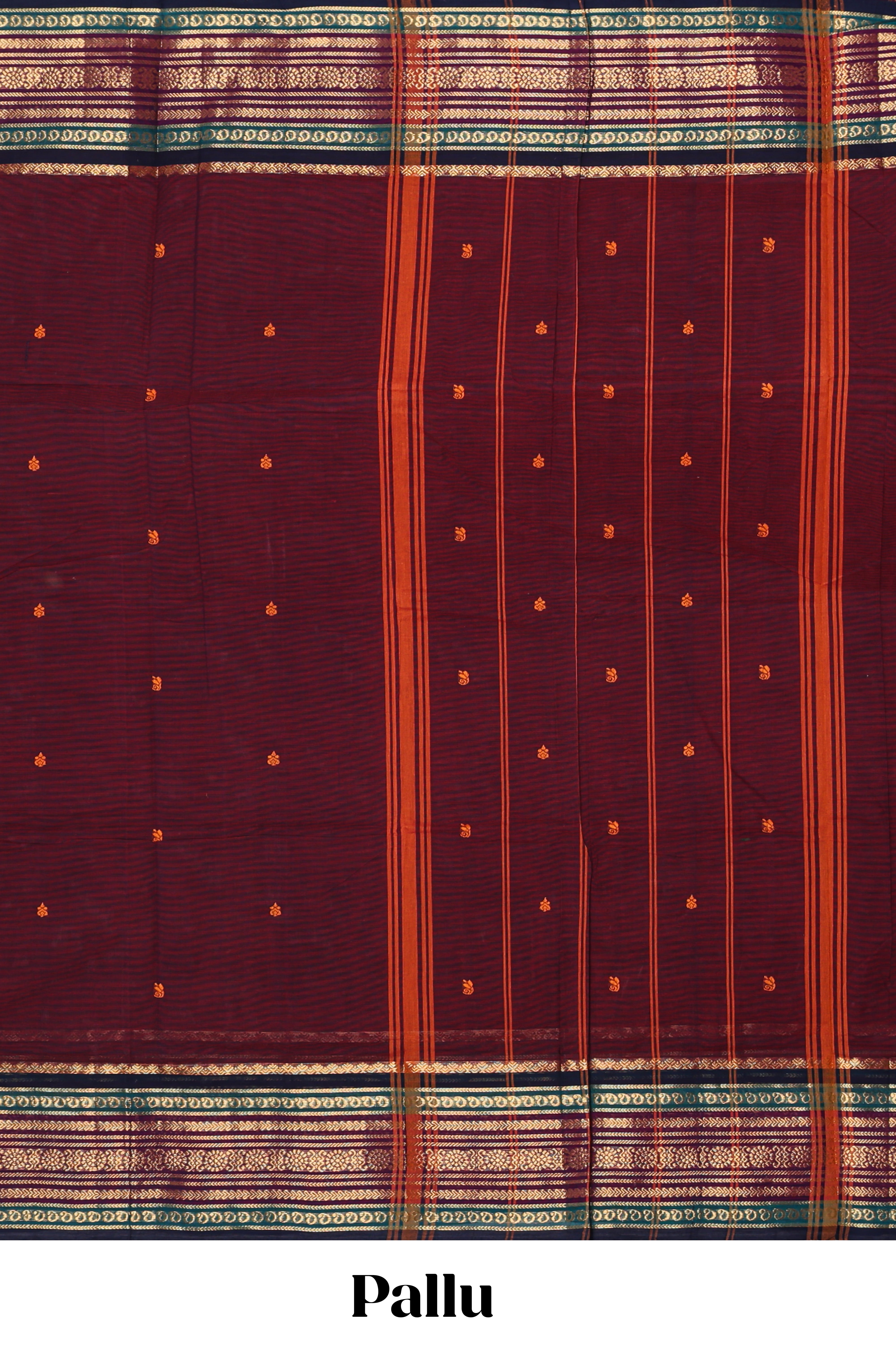 Maroon floral motifs chettinad cotton saree with contrast zari border and matching blouse