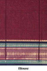 Maroon floral motifs chettinad cotton saree with contrast zari border and matching blouse