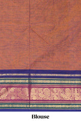 Peach plain chettinad cotton saree with contrast zari border and matching blouse