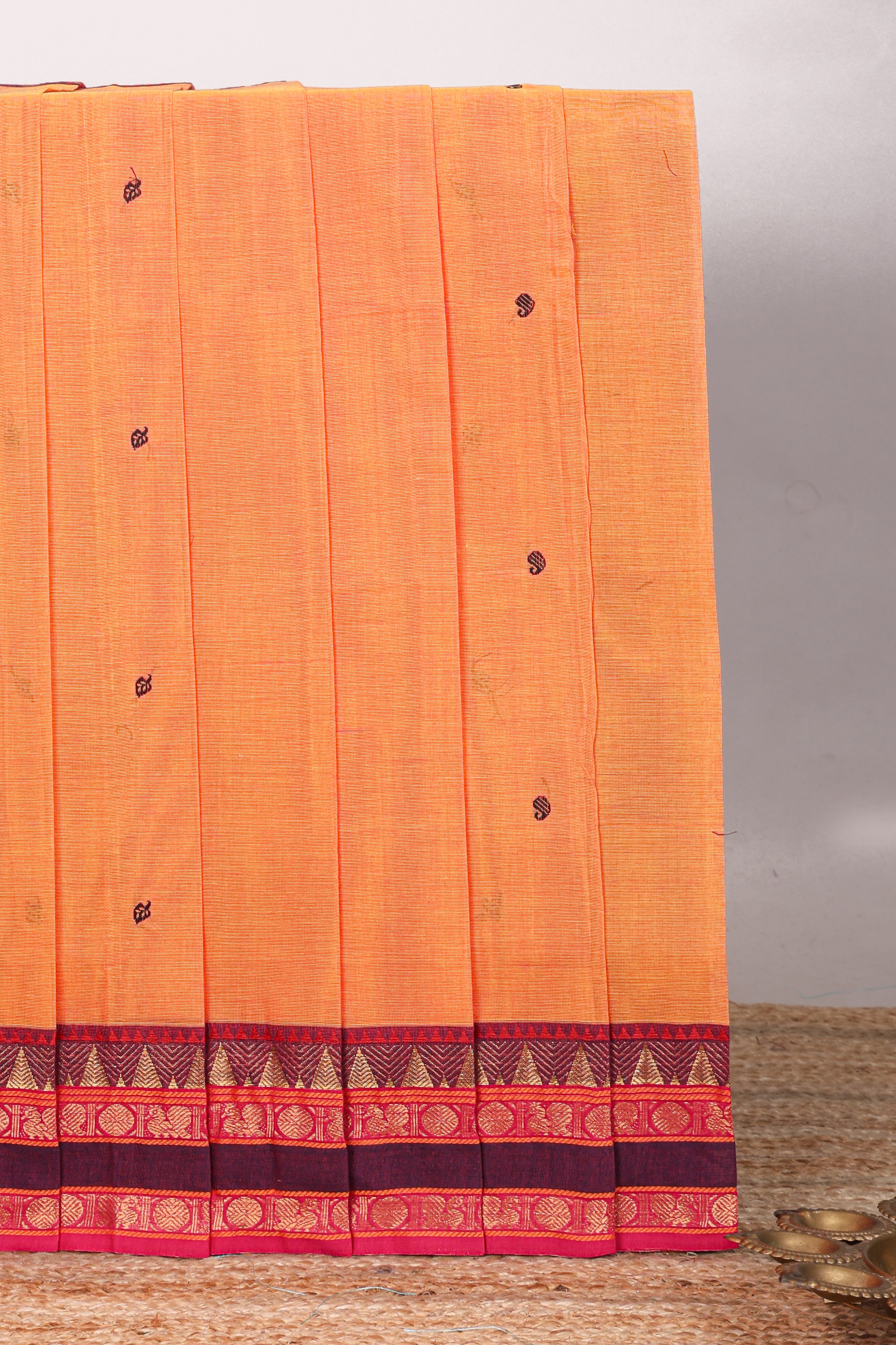 Orange motifs design chettinad cotton saree with contrast border and matching pallu