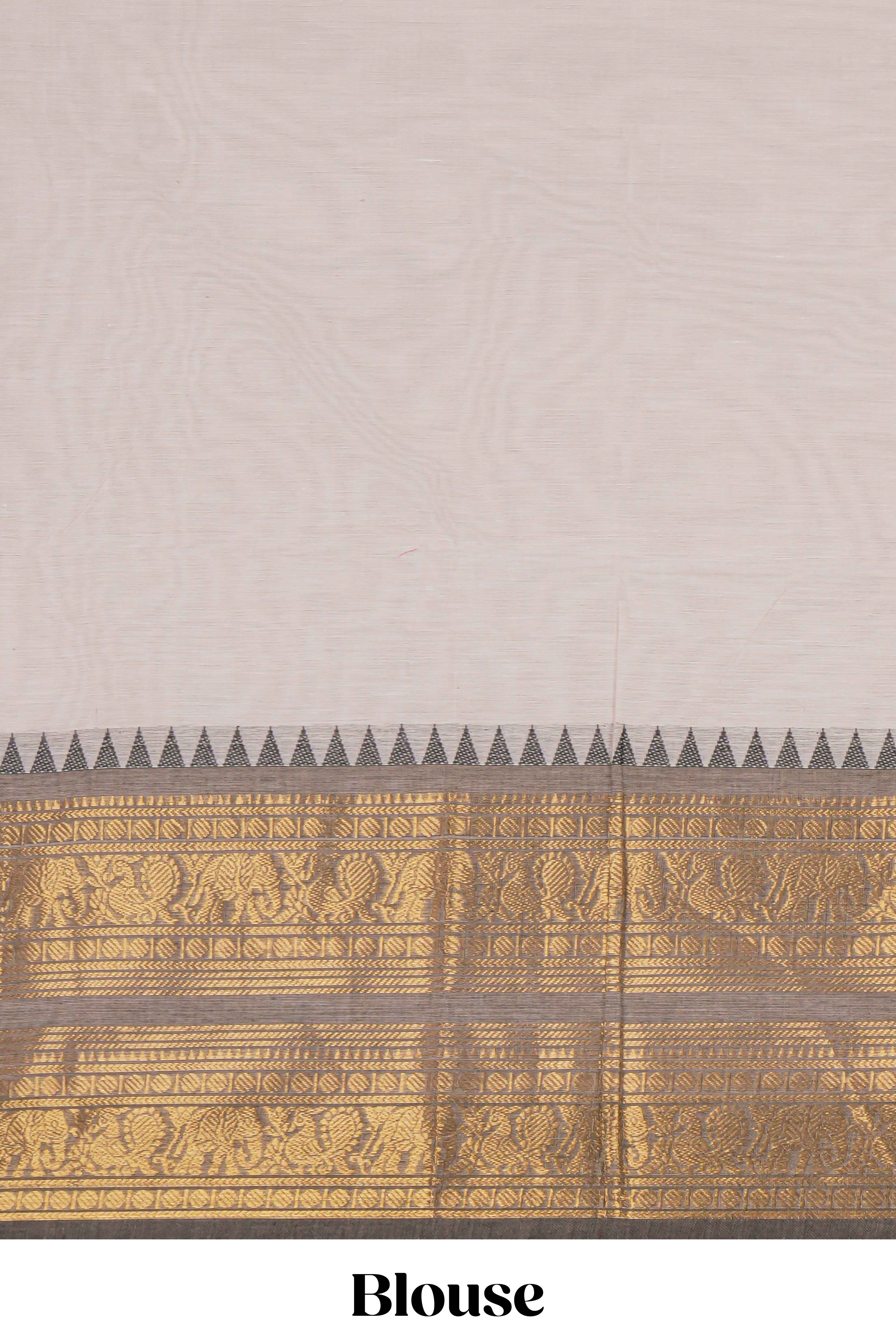 Grey plain chettinad cotton saree with contrast zari border and matching blouse