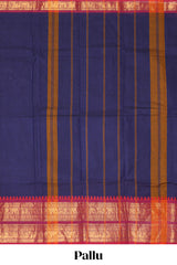 Navy blue plain chettinad cotton saree with contrast bentex border and matching pallu