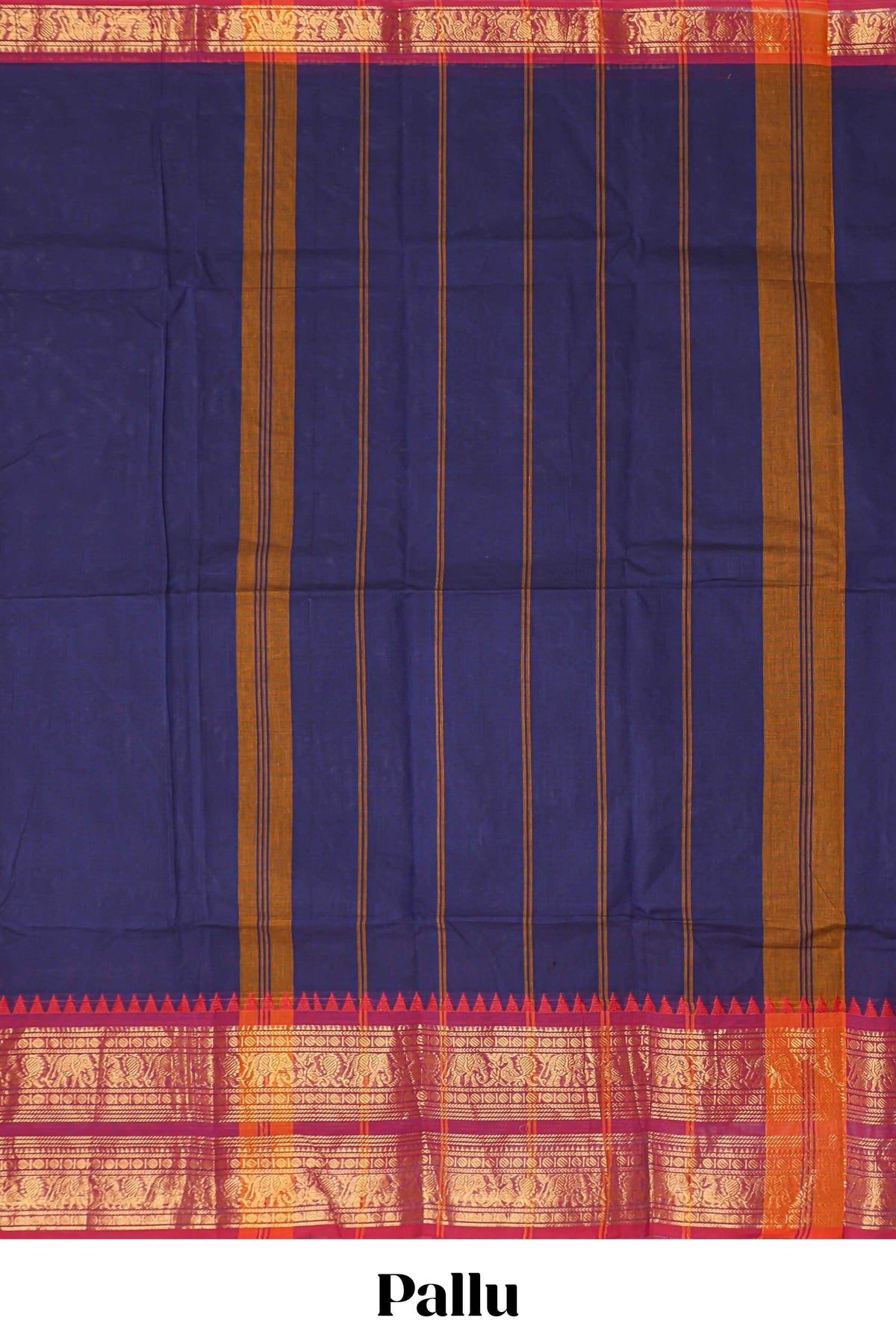 Navy blue plain chettinad cotton saree with contrast bentex border and matching pallu