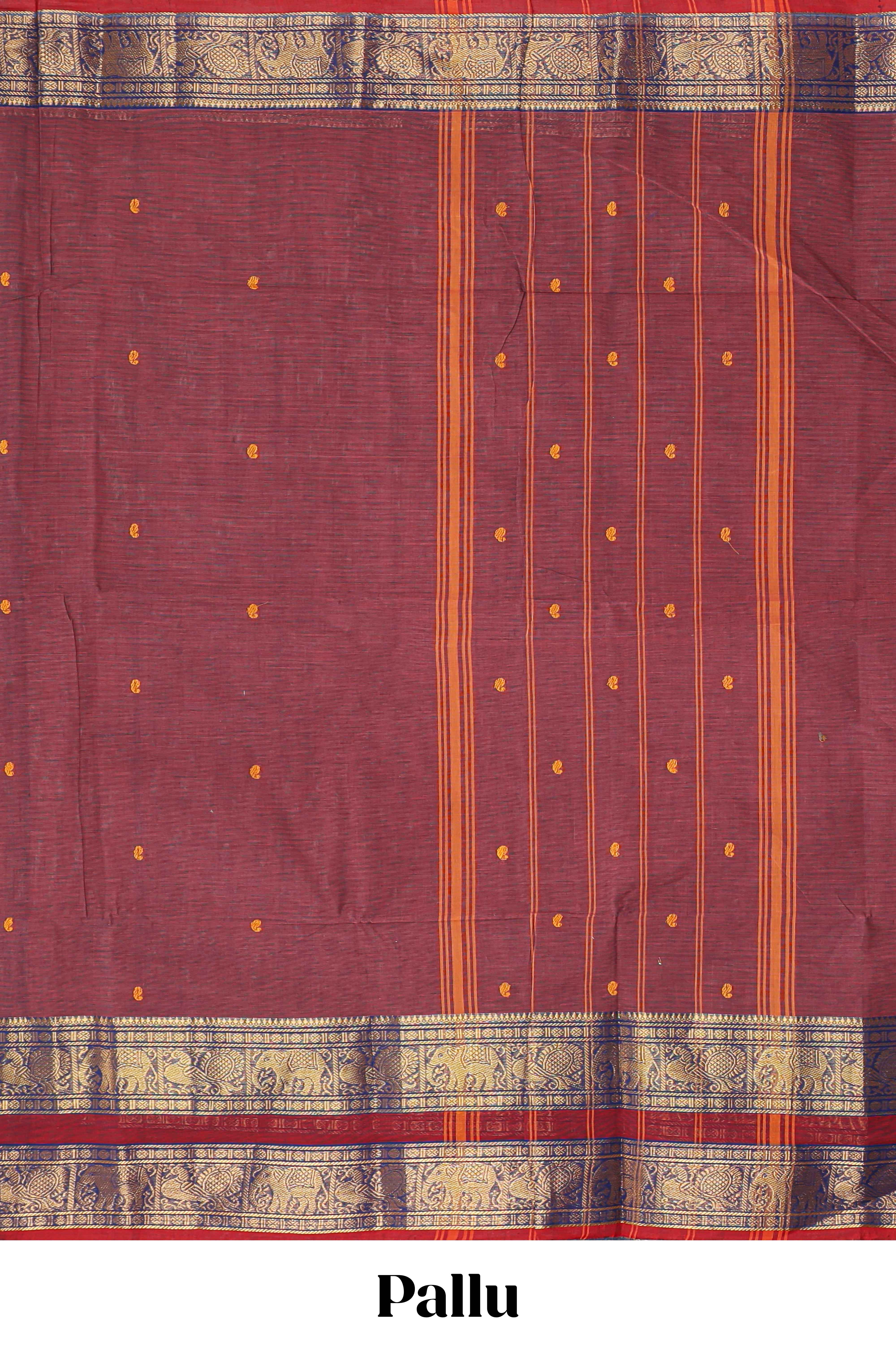 Maroon plain design chettinad cotton saree with contrast bentex border and matching blouse