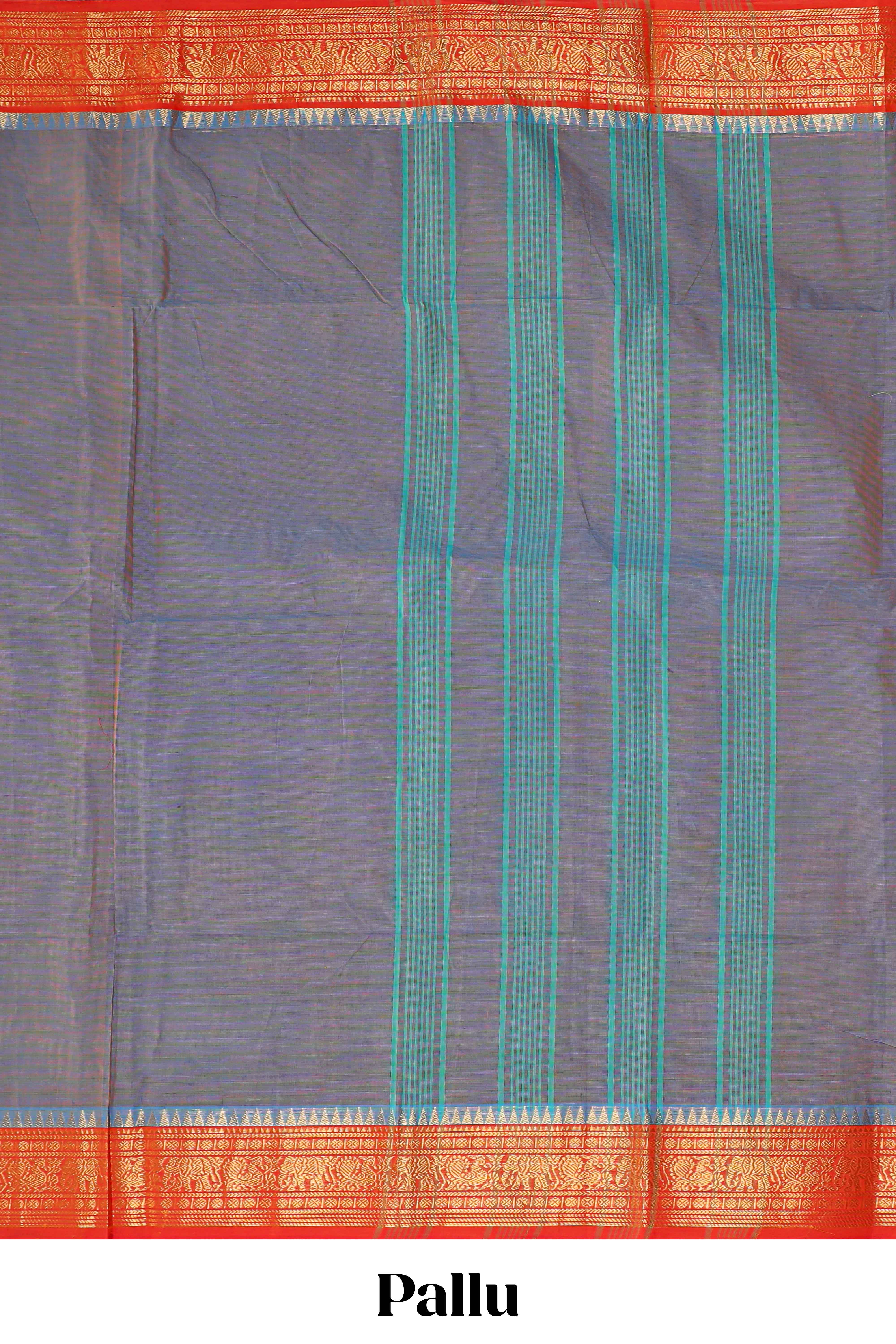 Dusty blue plain design chettinad cotton saree with contrast border and matching blouse