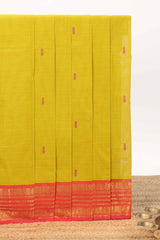 Lemon yellow motifs design chettinad cotton saree with contrast zari border and matching blouse