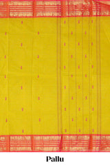 Lemon yellow motifs design chettinad cotton saree with contrast zari border and matching blouse