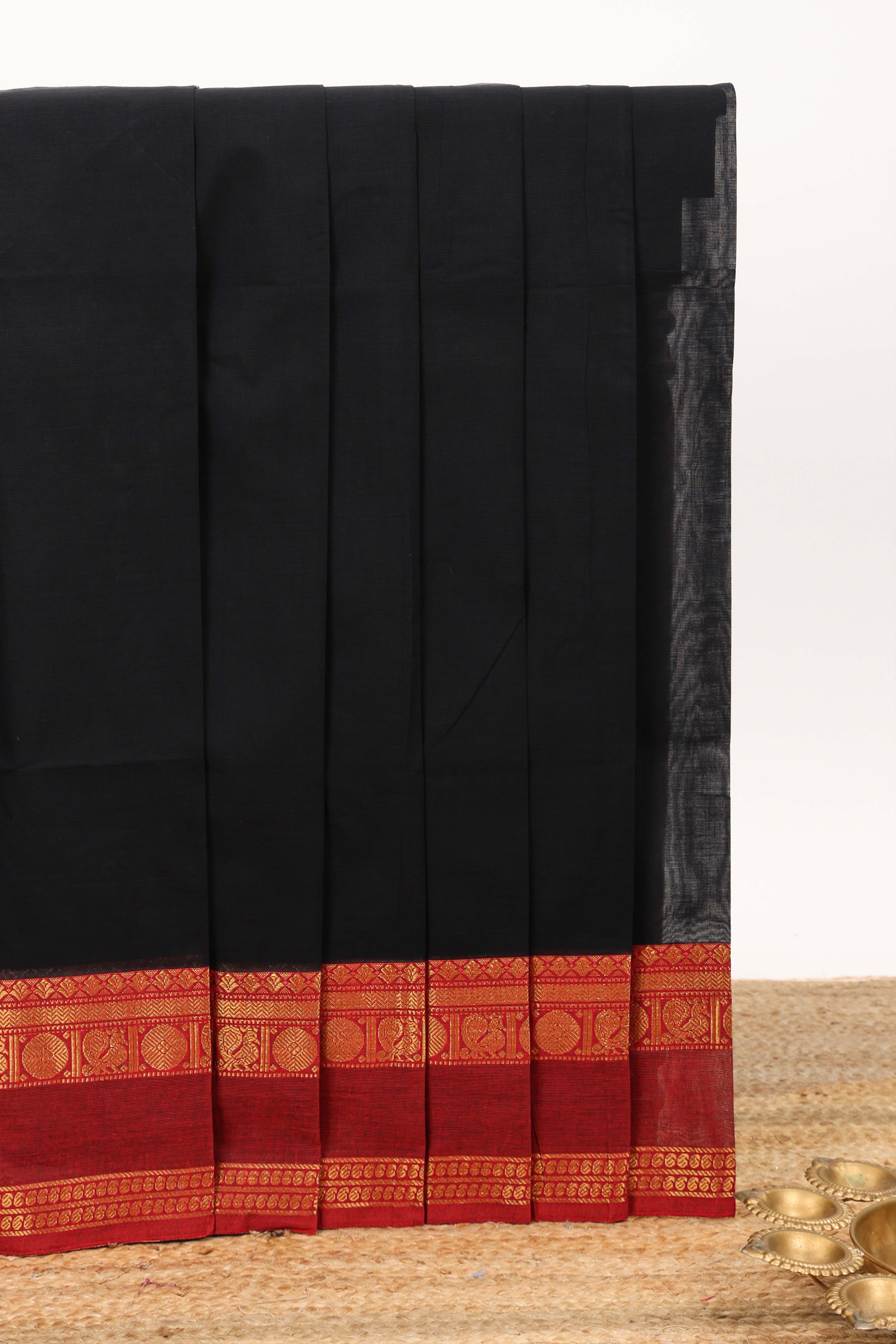 Black plain design chettinad cotton saree with contrast zari border and matching blouse