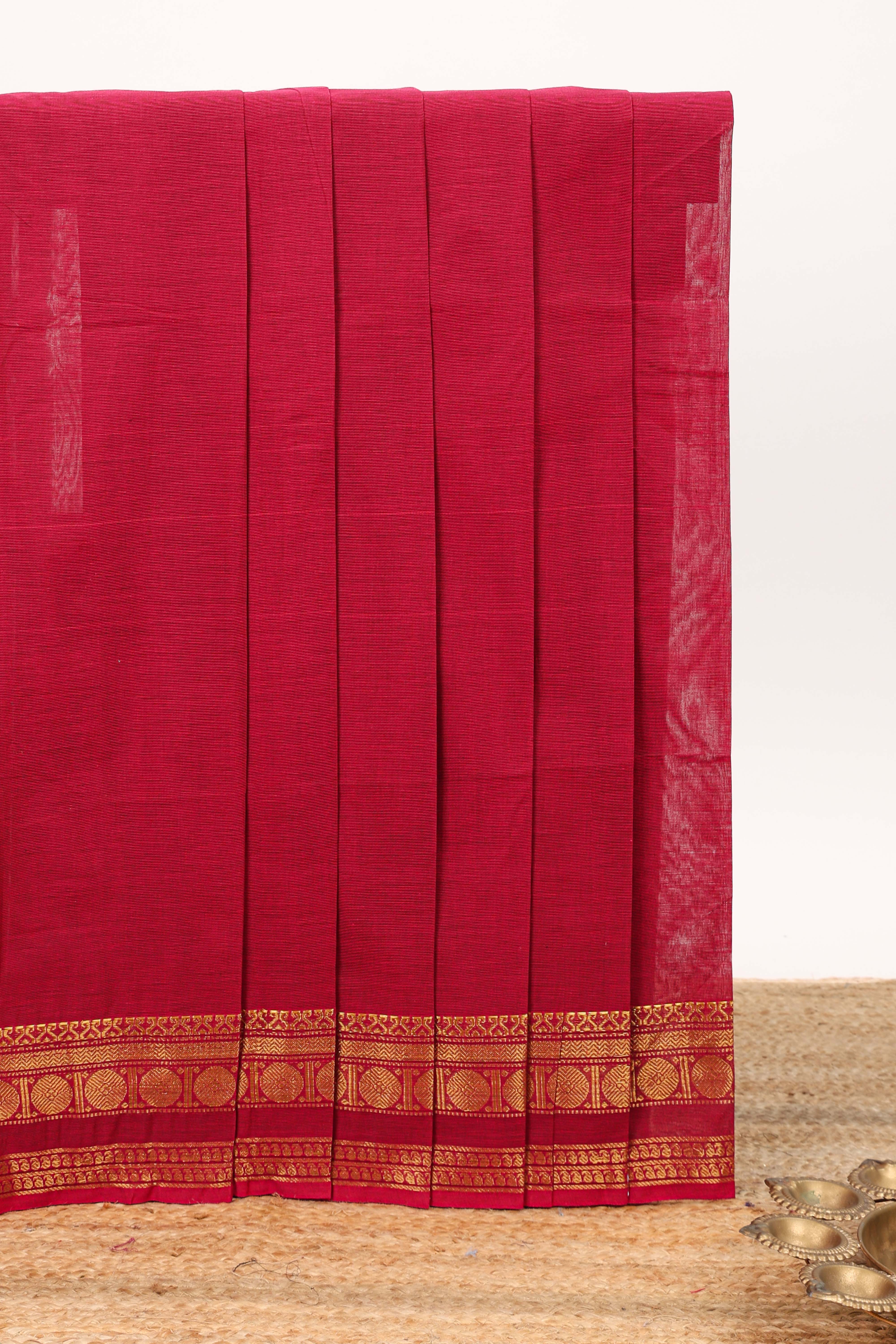 Red plain design chettinad cotton saree with self zari border and matching blouse