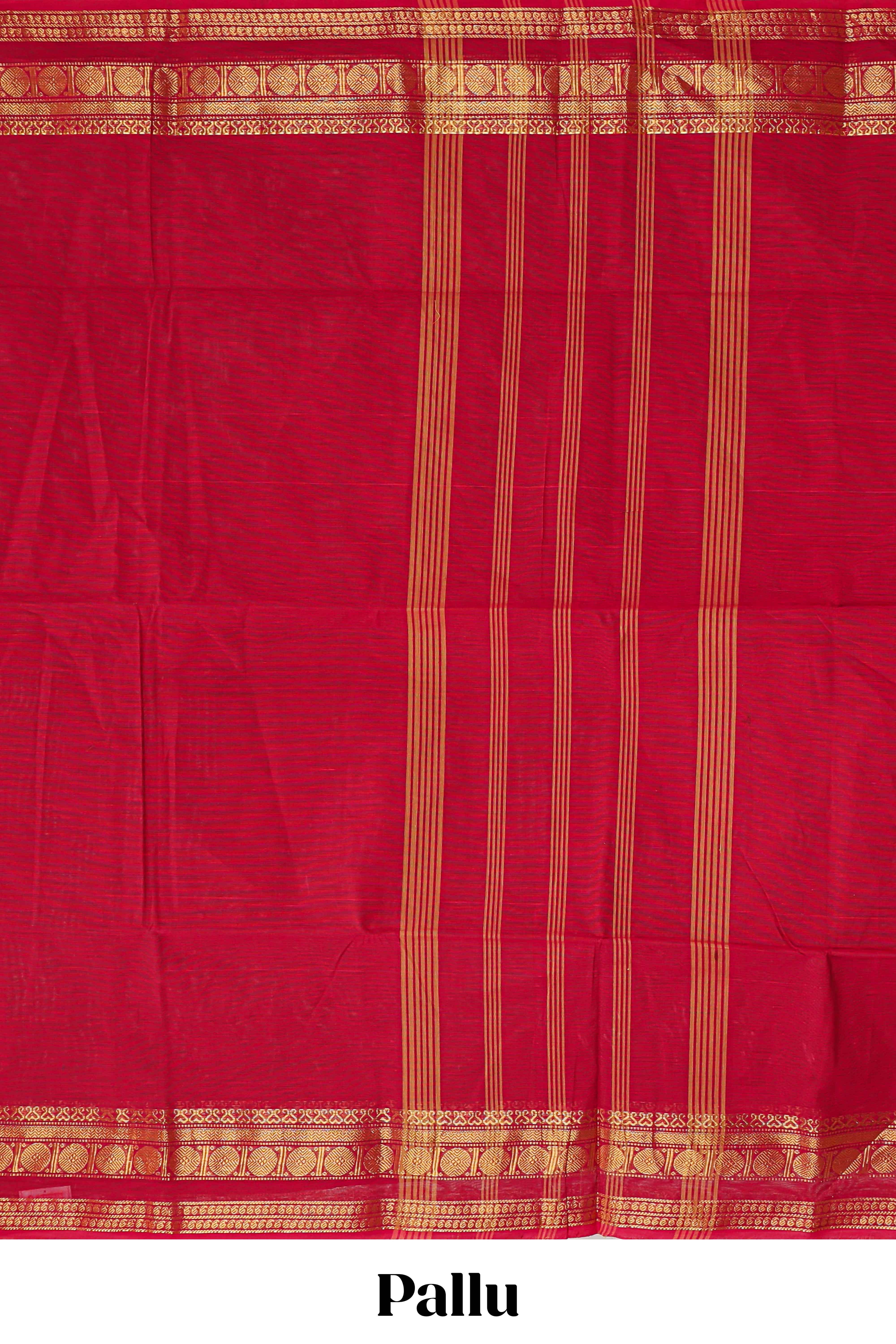 Red plain design chettinad cotton saree with self zari border and matching blouse
