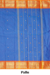 Blue motifs design chettinad cotton saree with contrast zari border and matching blouse