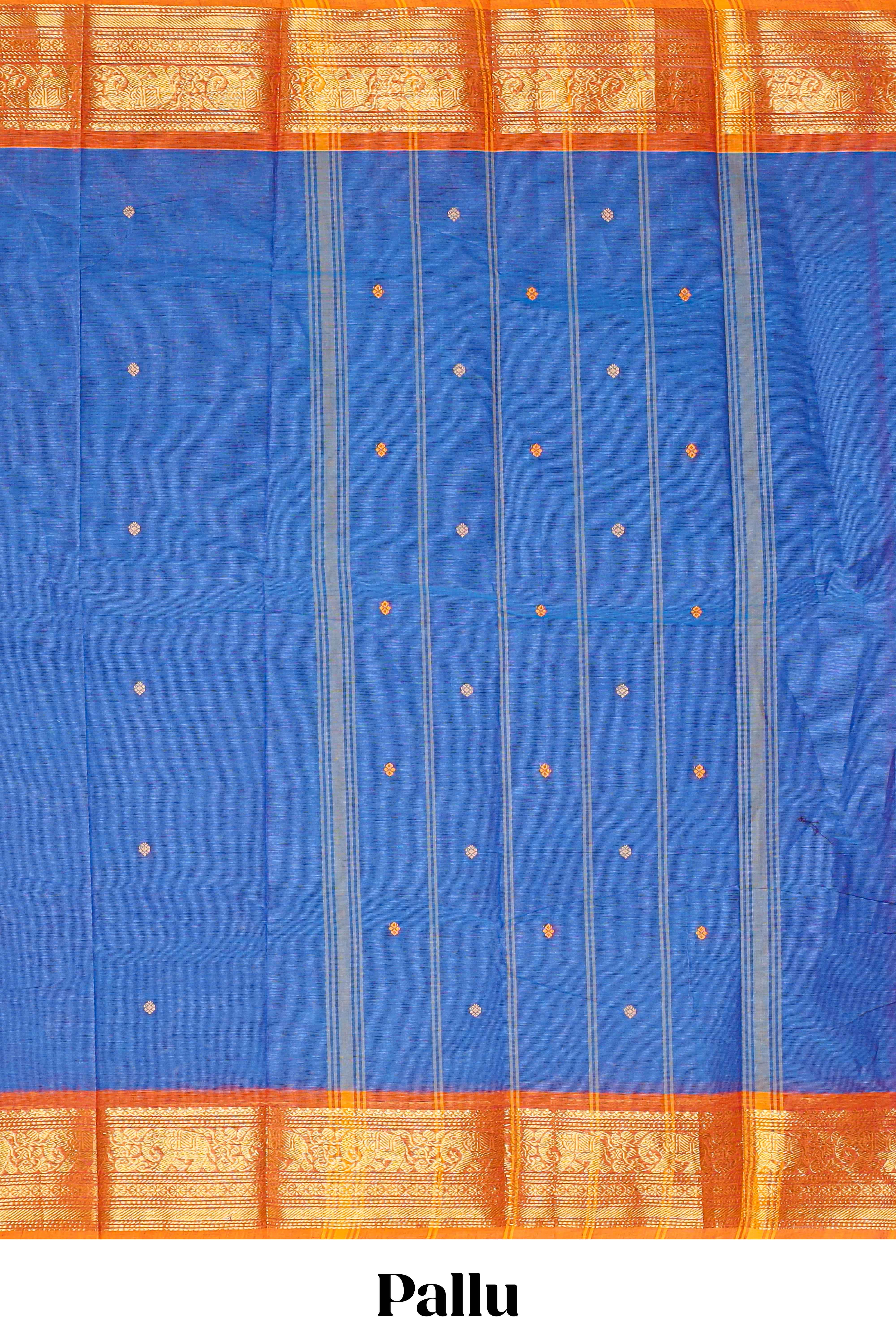 Blue motifs design chettinad cotton saree with contrast zari border and matching blouse