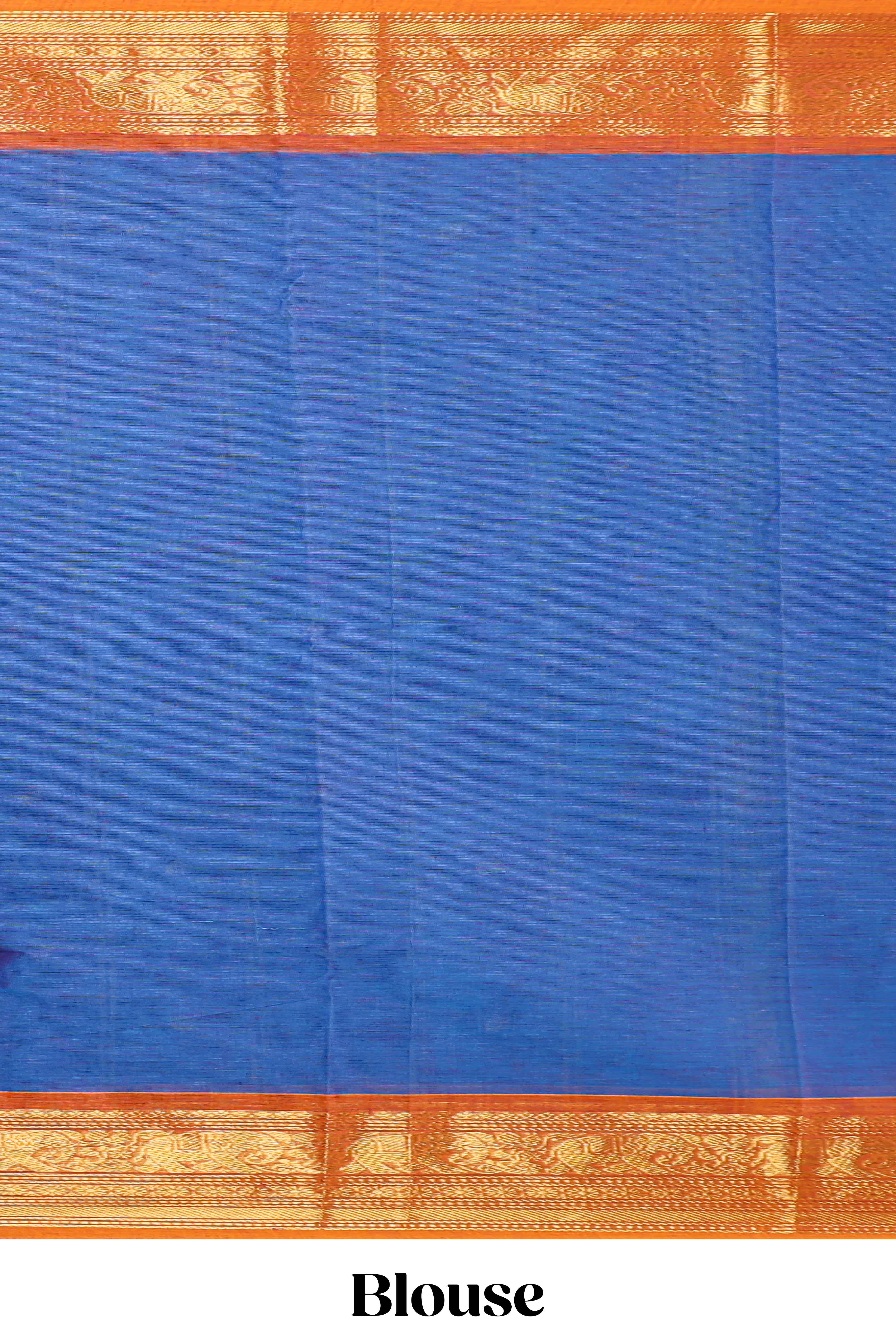 Blue motifs design chettinad cotton saree with contrast zari border and matching blouse