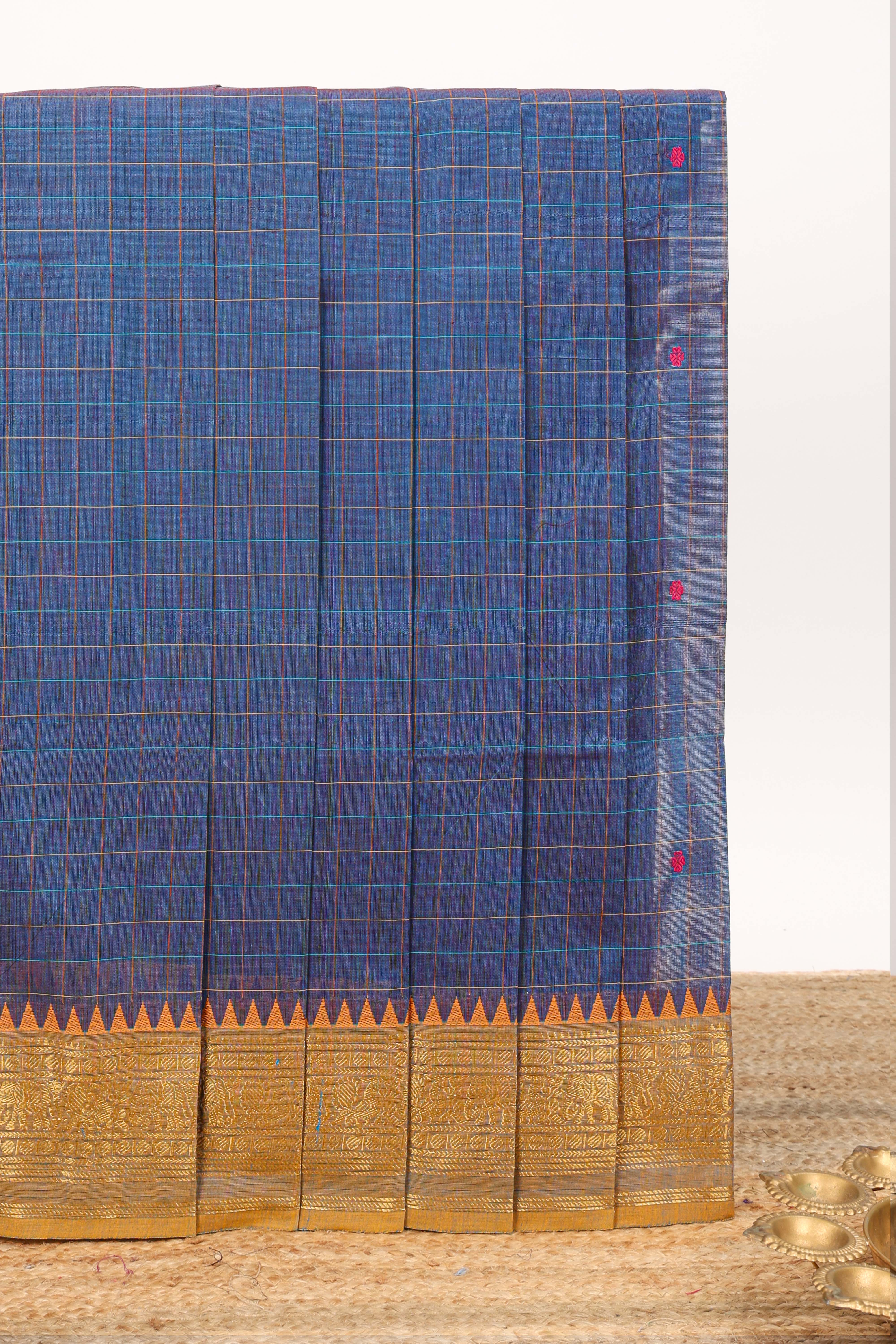 Blue checked motifs design chettinad cotton saree with contrast zari border and matching blouse