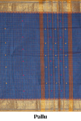 Blue checked motifs design chettinad cotton saree with contrast zari border and matching blouse