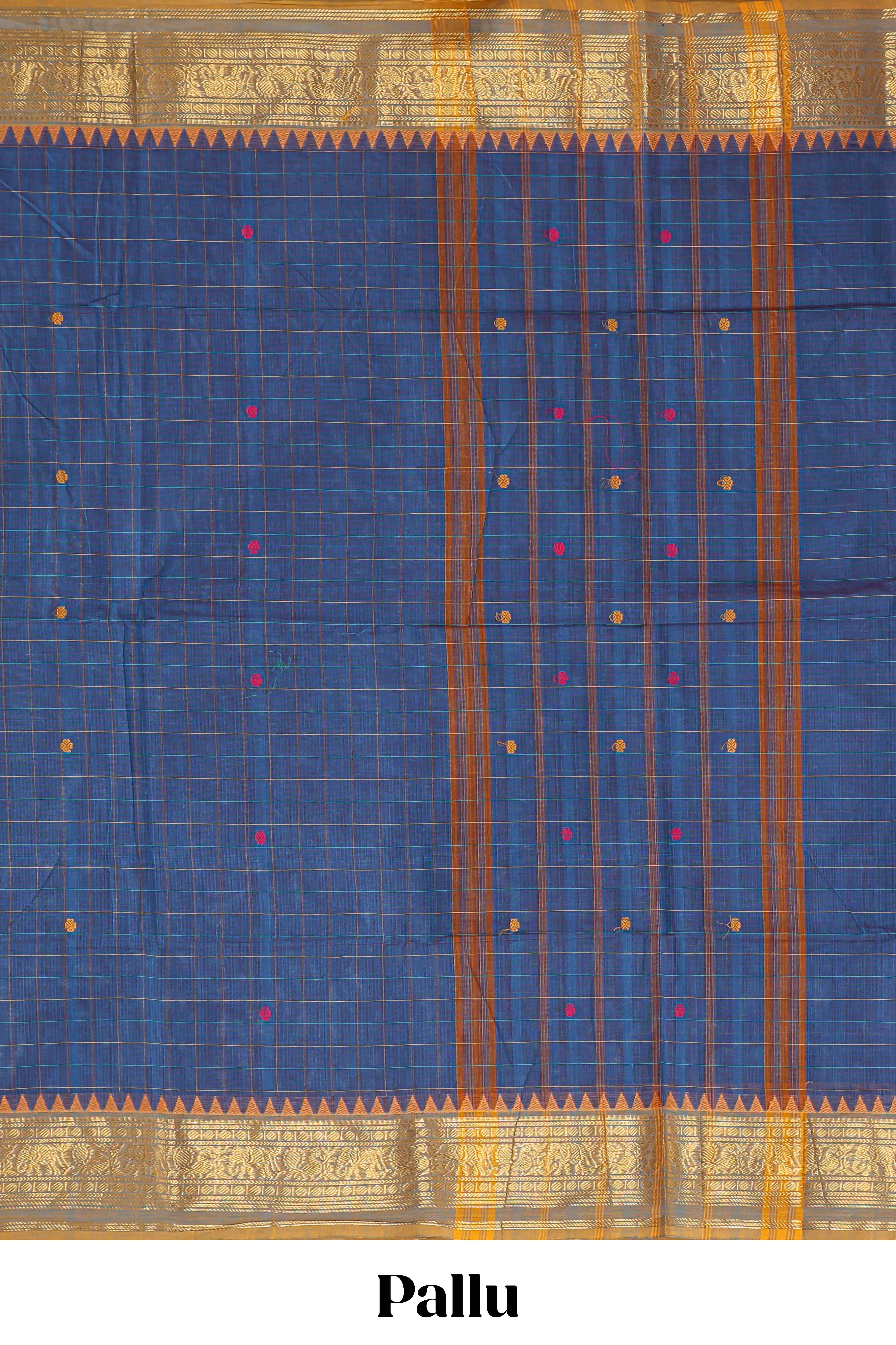 Blue checked motifs design chettinad cotton saree with contrast zari border and matching blouse