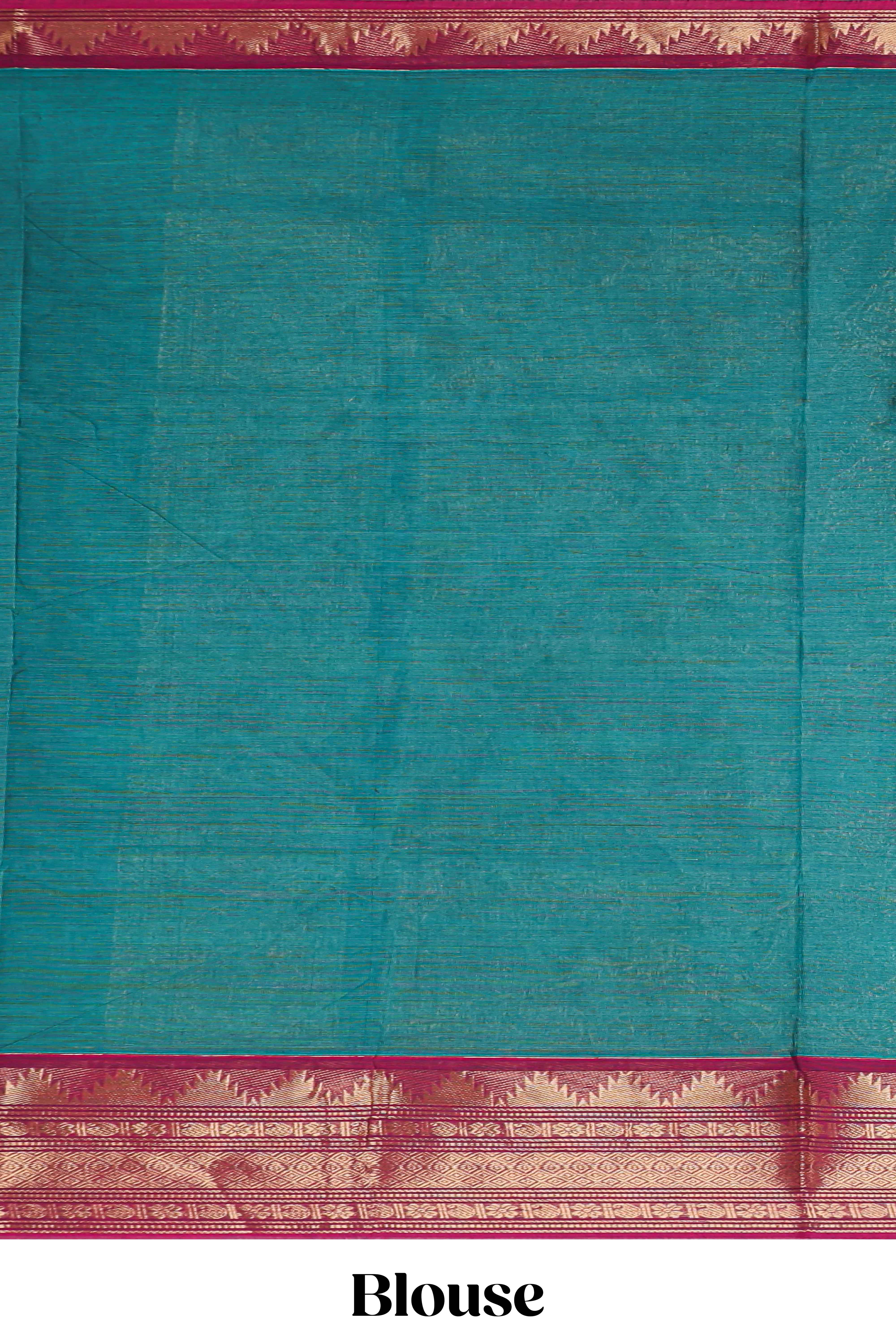 Teal green motifs design chettinad cotton saree with contrast zari border and matching blouse