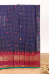Violet checked motifs design chettinad cotton saree with contrast zari border and matching blouse