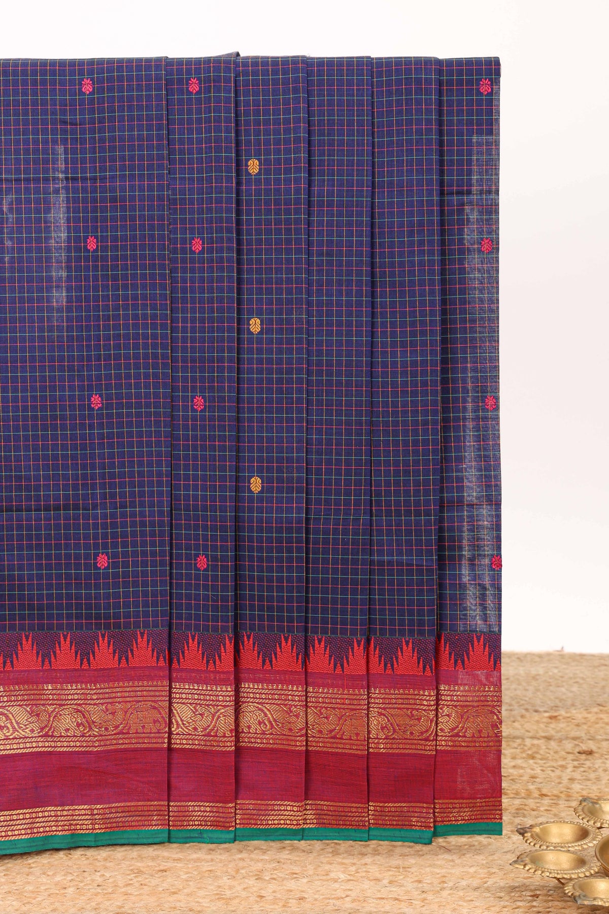 Violet checked motifs design chettinad cotton saree with contrast zari border and matching blouse