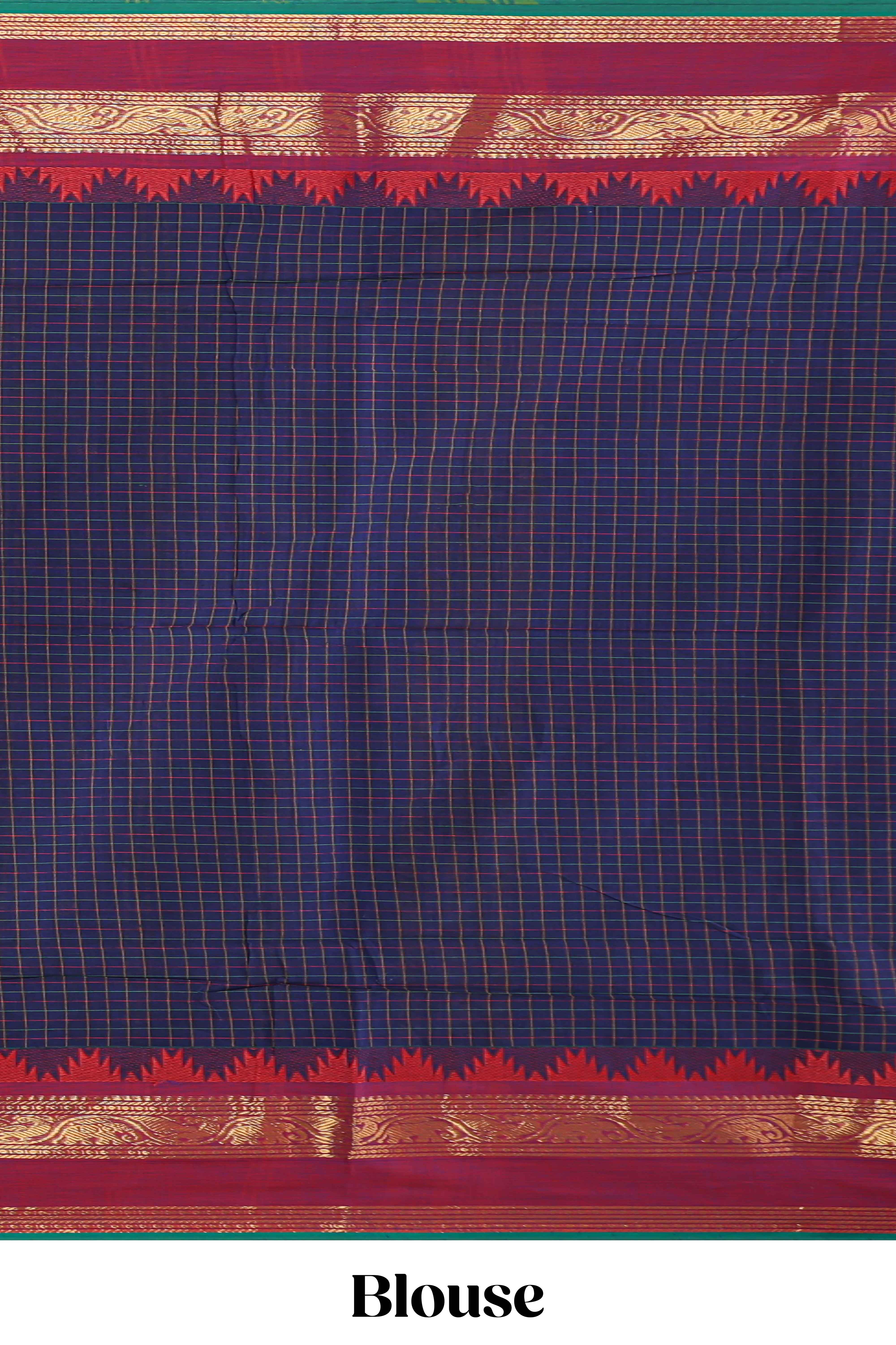 Violet checked motifs design chettinad cotton saree with contrast zari border and matching blouse