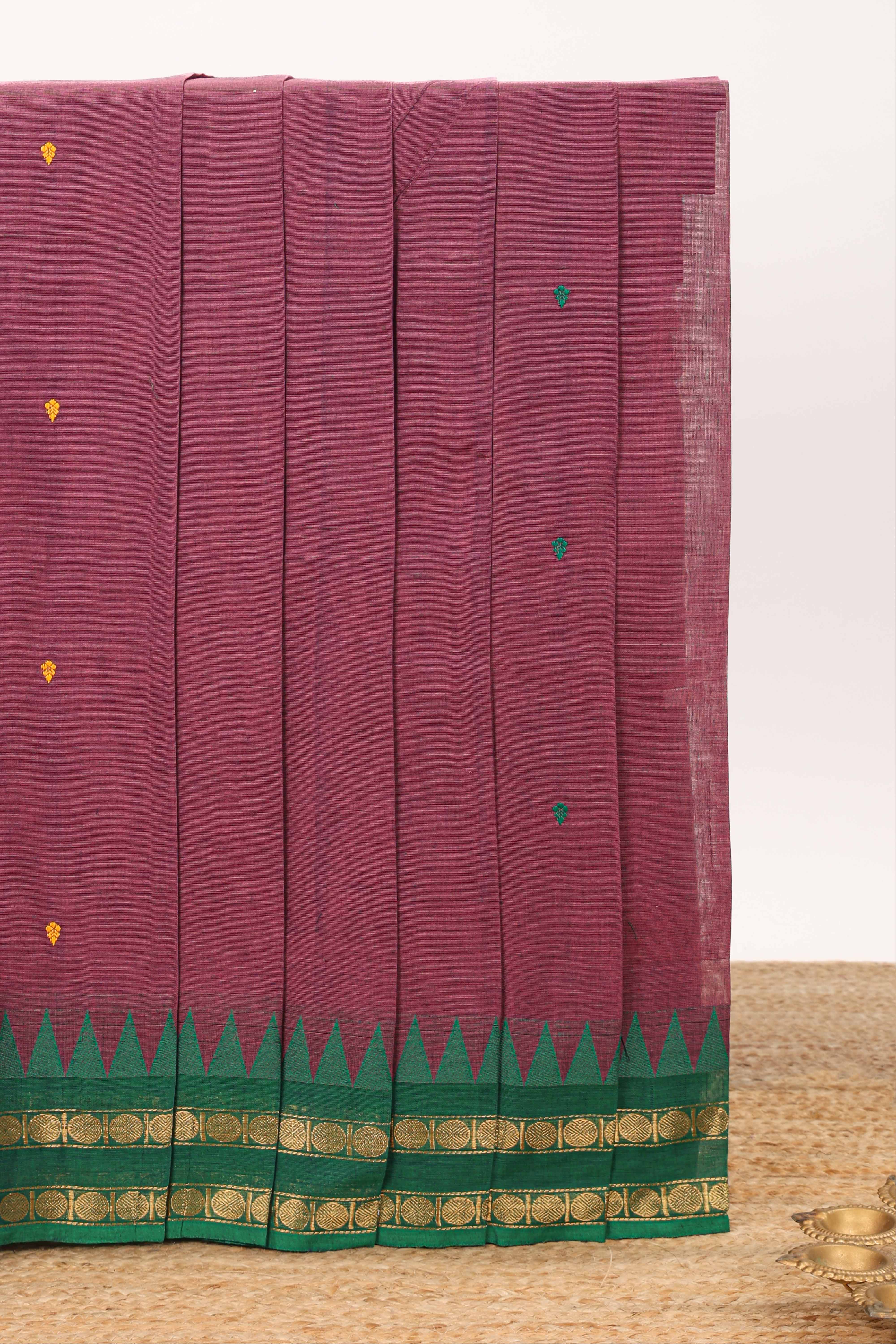 Burgundy motifs design chettinad cotton saree with contrast zari border and matching blouse