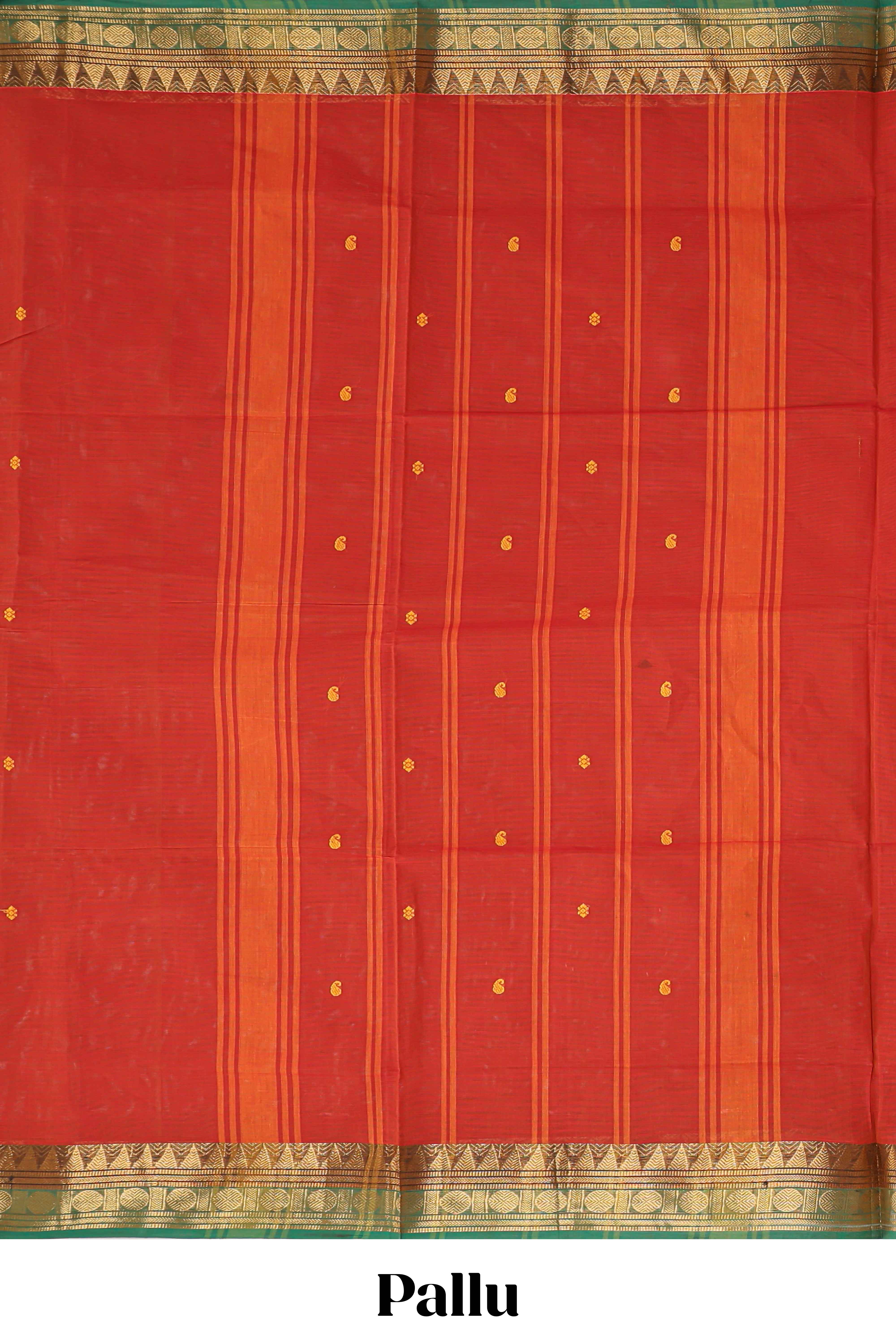 Red plain design chettinad cotton saree with contrast zari border and matching blouse