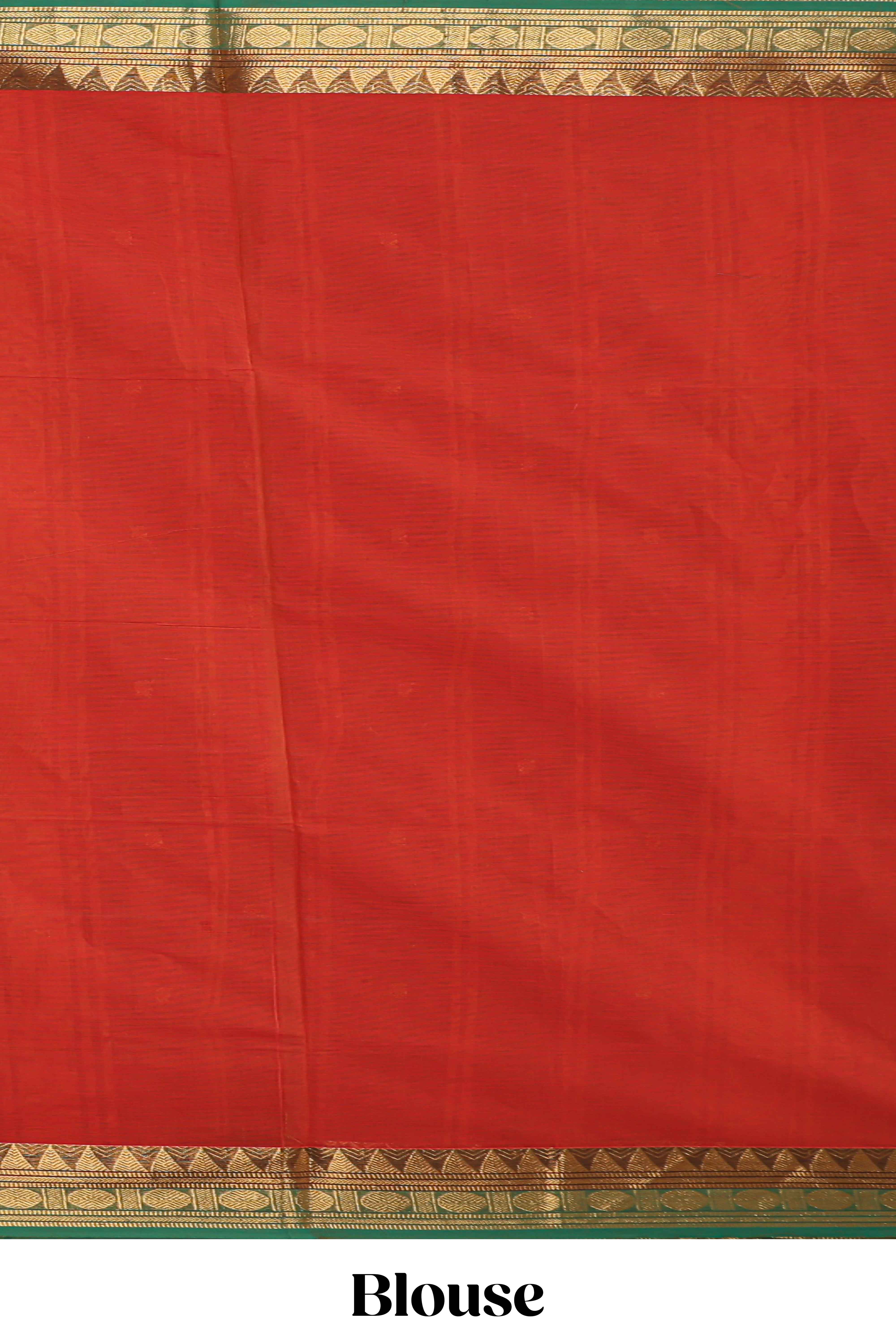 Red plain design chettinad cotton saree with contrast zari border and matching blouse