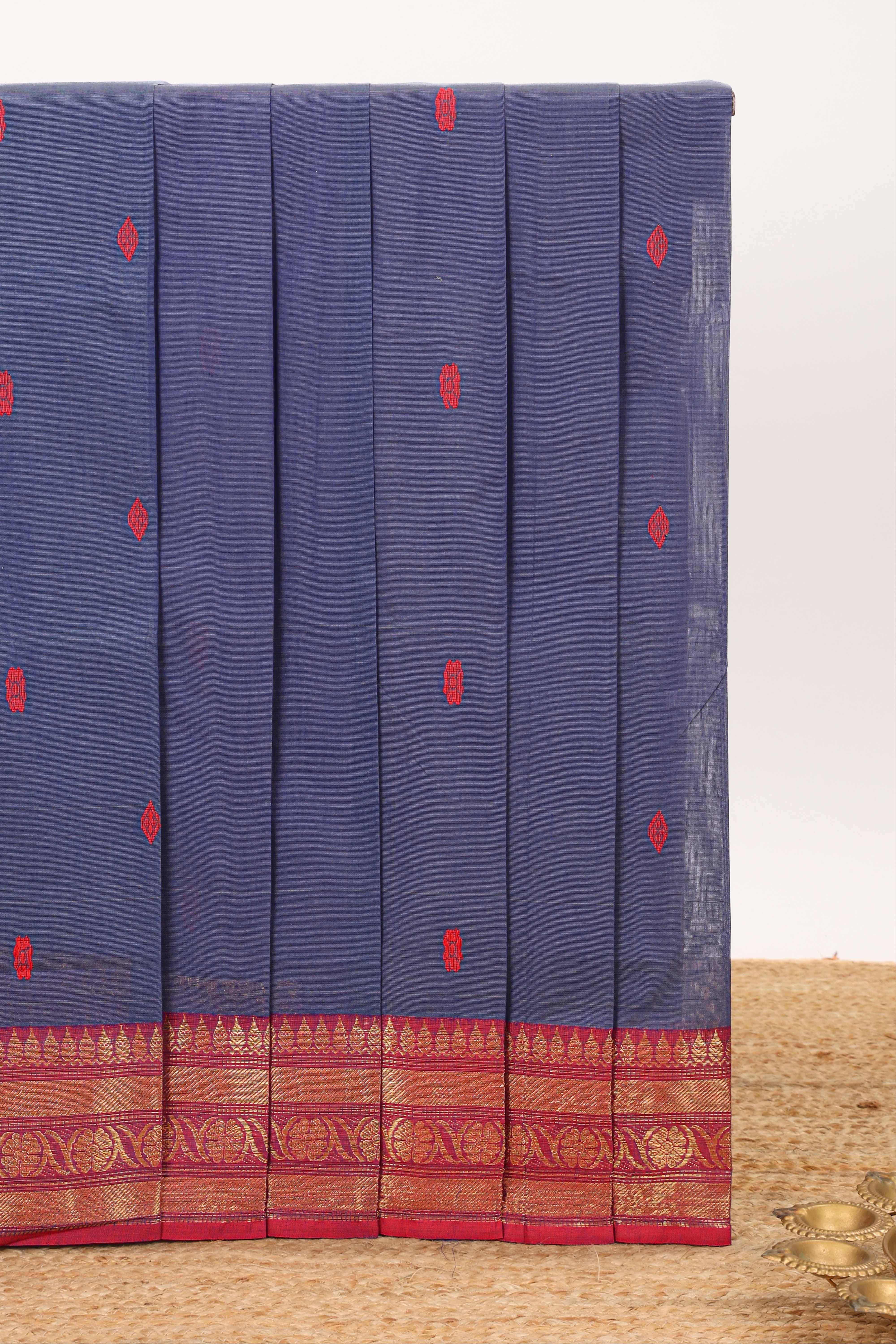 Blue motifs design chettinad cotton saree with contrast zari border and matching blouse