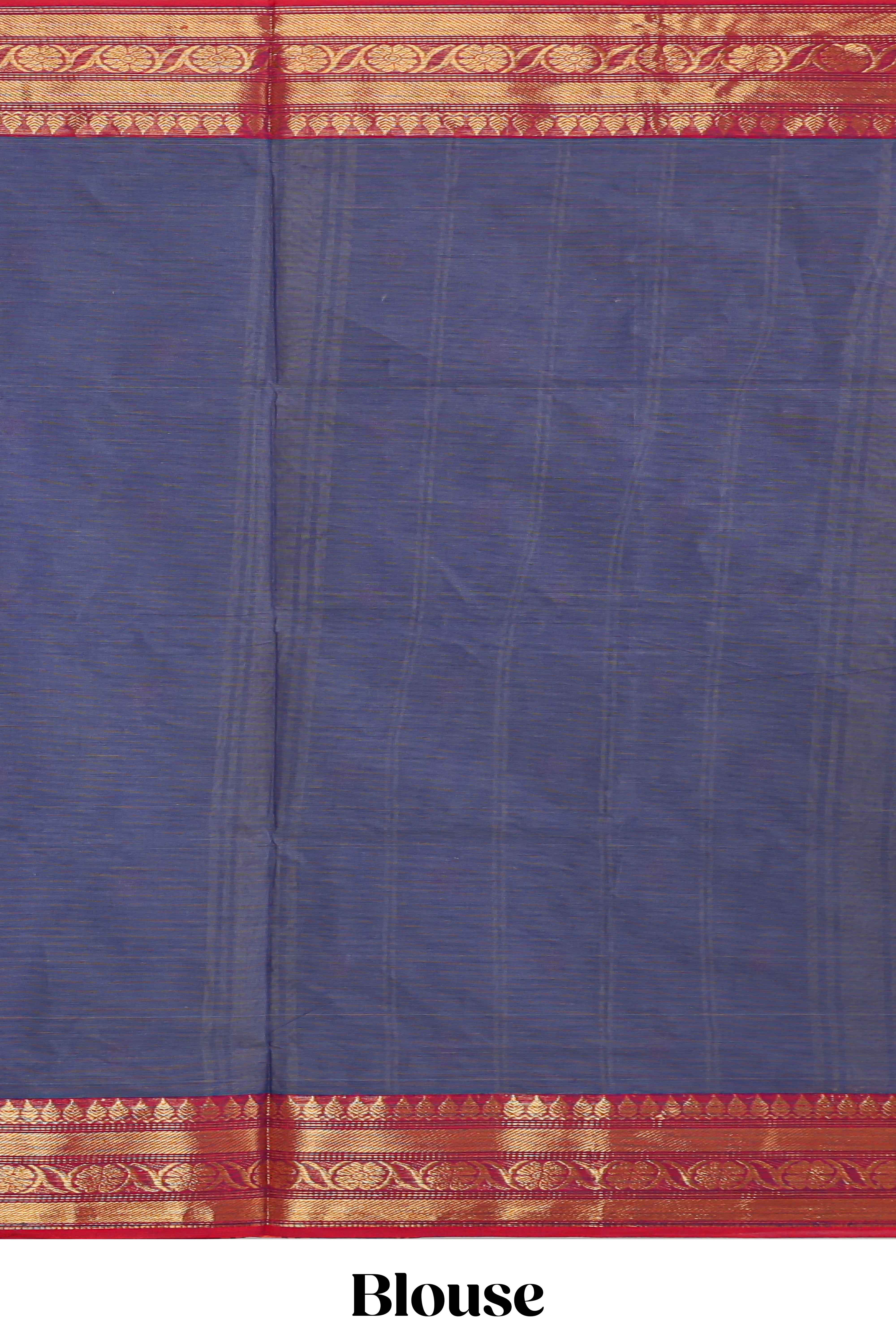 Blue motifs design chettinad cotton saree with contrast zari border and matching blouse
