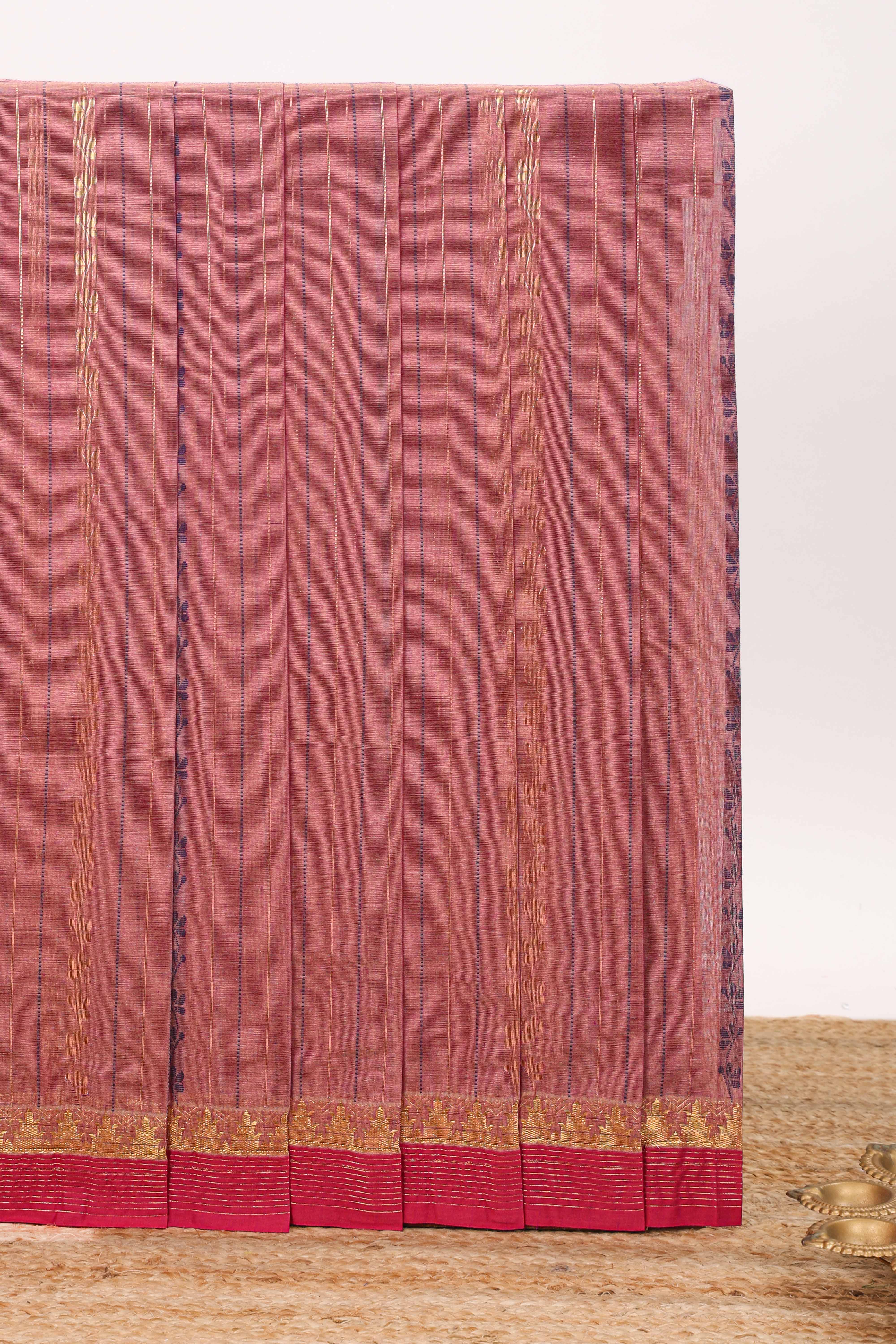 Pink striped design chettinad cotton saree with contrast border and matching blouse