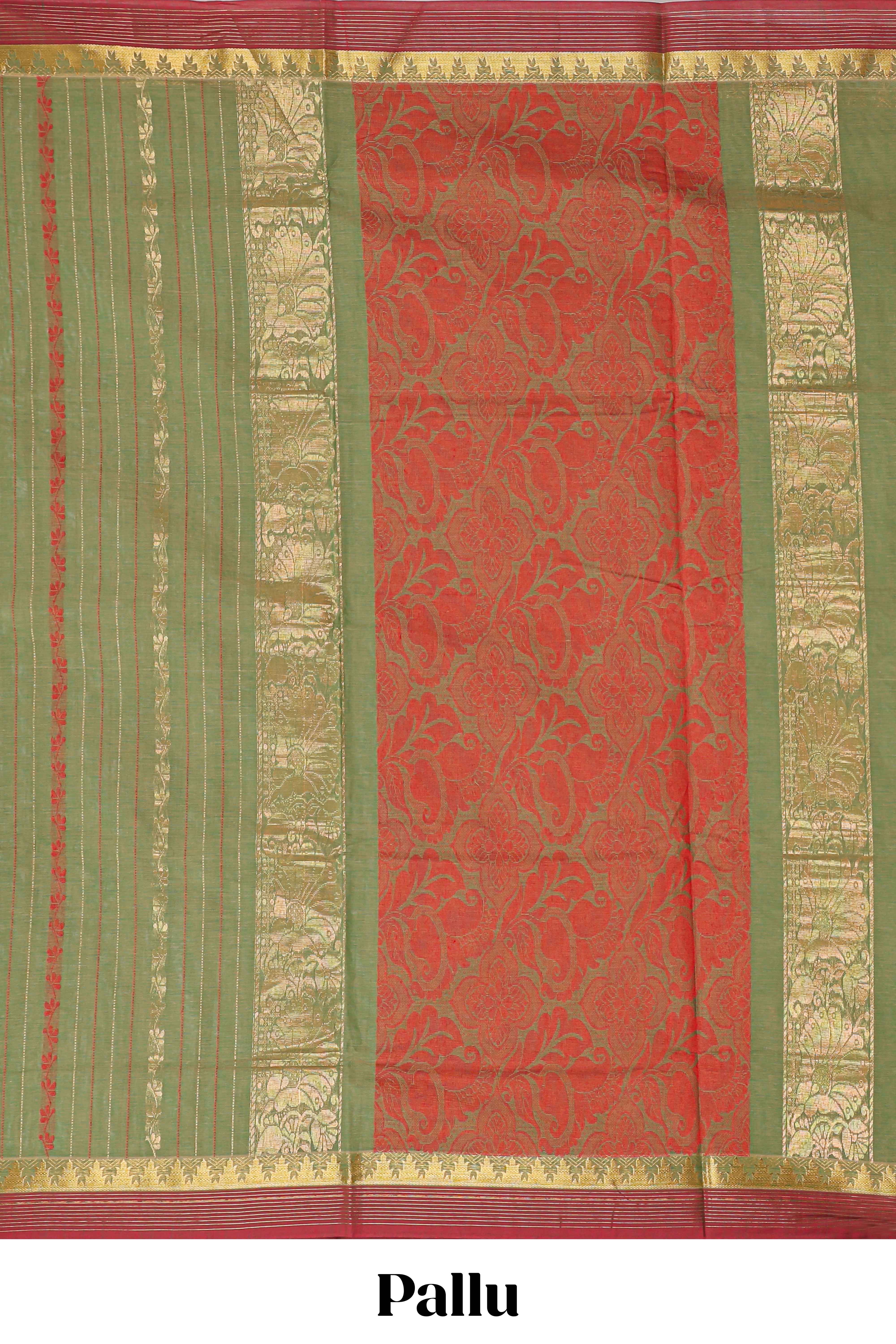 Olive green striped design chettinad cotton saree with contrast border and blouse