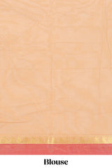 Beige striped floral design chettinad cotton saree with contrast border and matching blouse