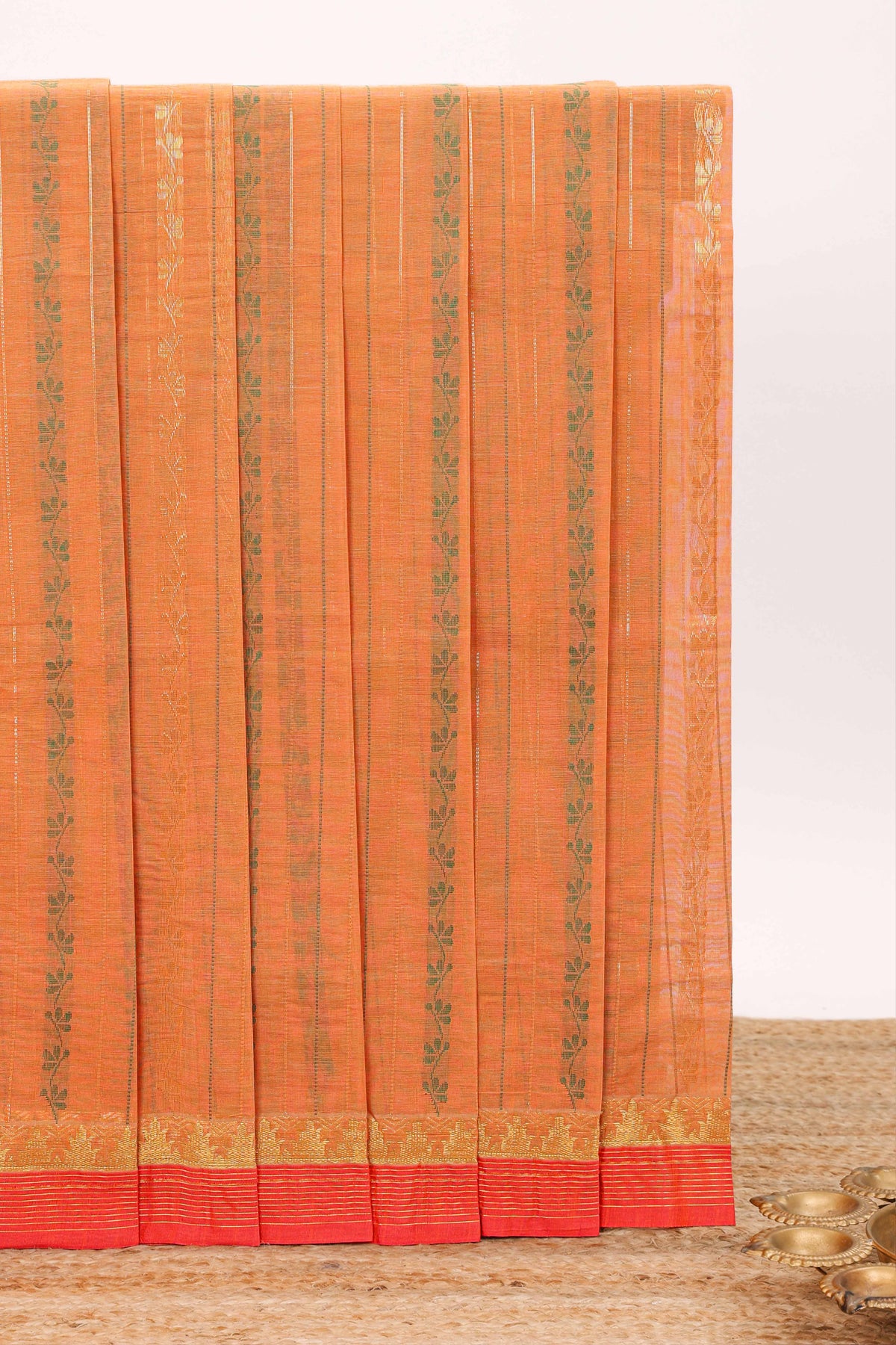 Orange striped floral design chettinad cotton saree with contrast border and matching blouse