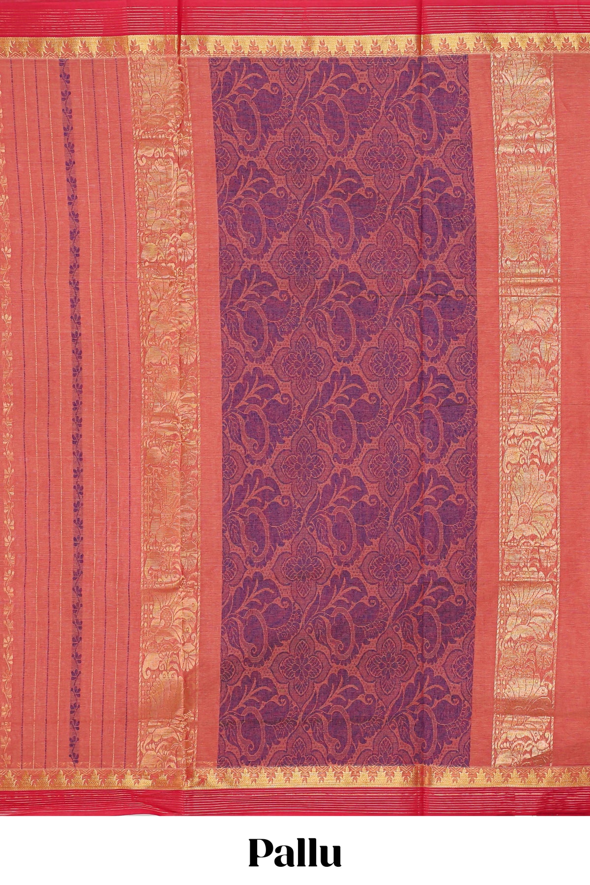 Pink striped floral design chettinad cotton saree with contrast border and matching blouse