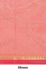 Pink striped floral design chettinad cotton saree with contrast border and matching blouse