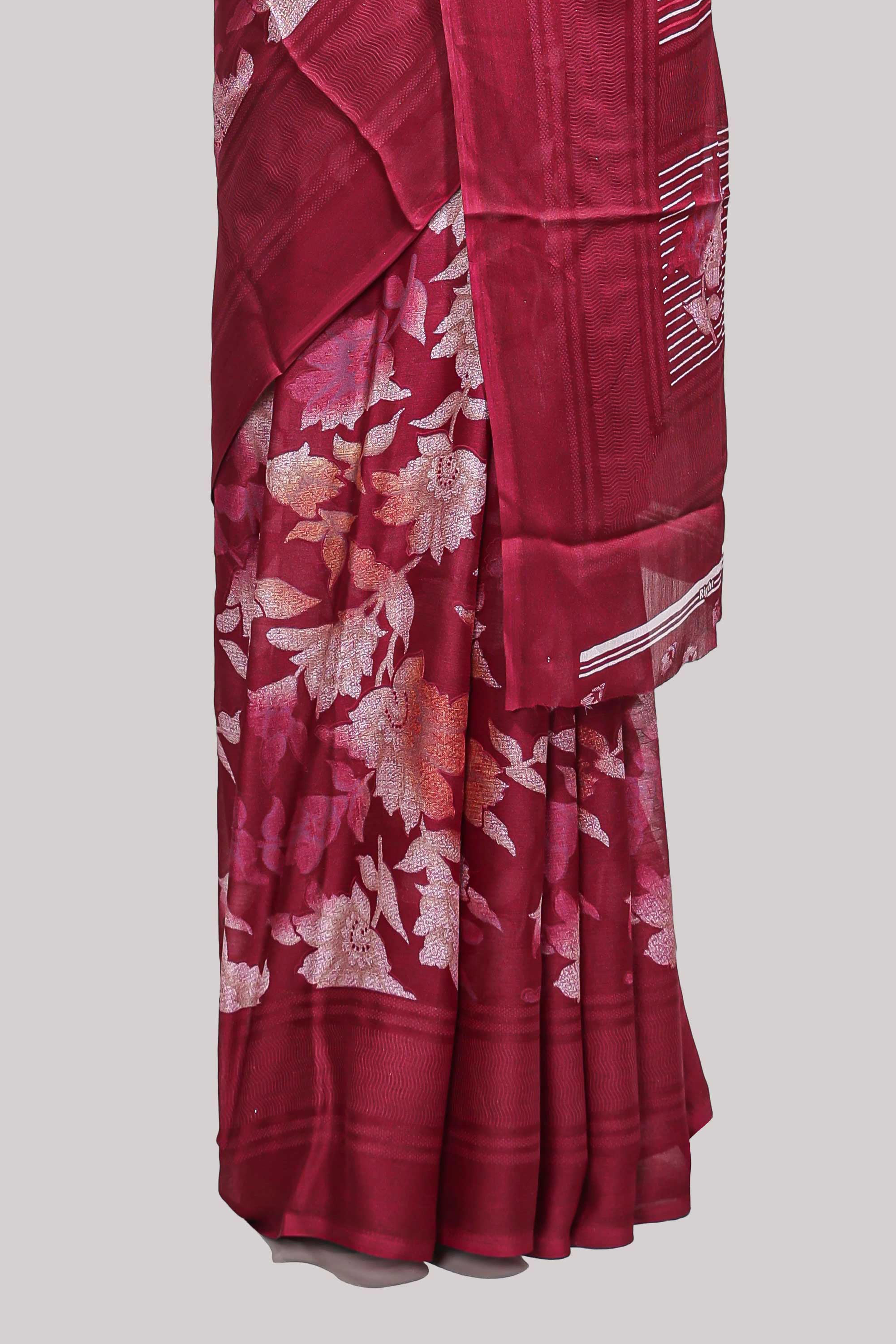 Maroon floral design chiffon saree with self border and matching blouse