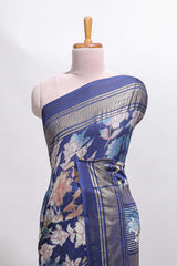 Blue floral design chiffon saree with self border and matching blouse