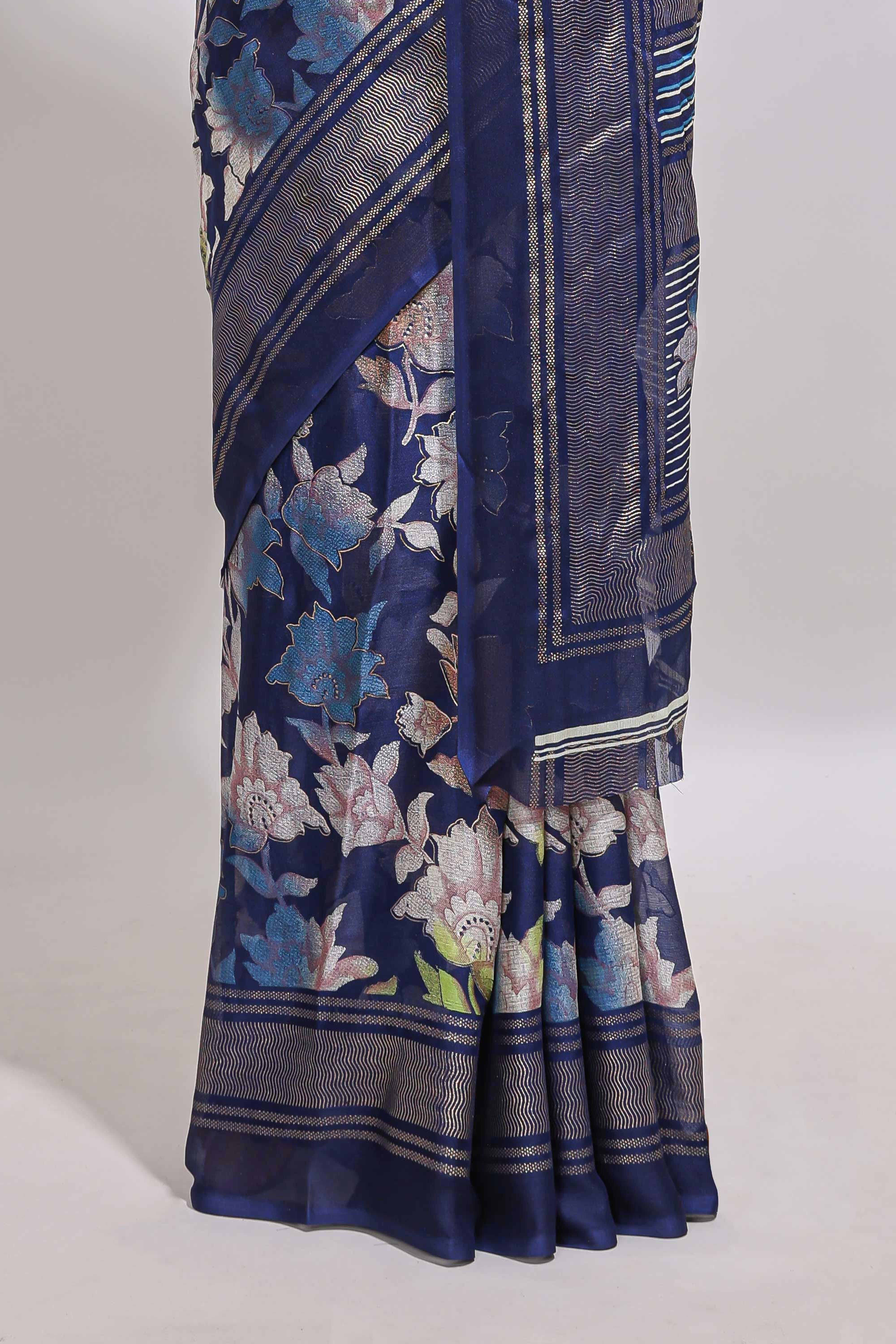 Blue floral design chiffon saree with self border and matching blouse