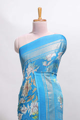 Sky blue floral design chiffon saree with self border and matching blouse